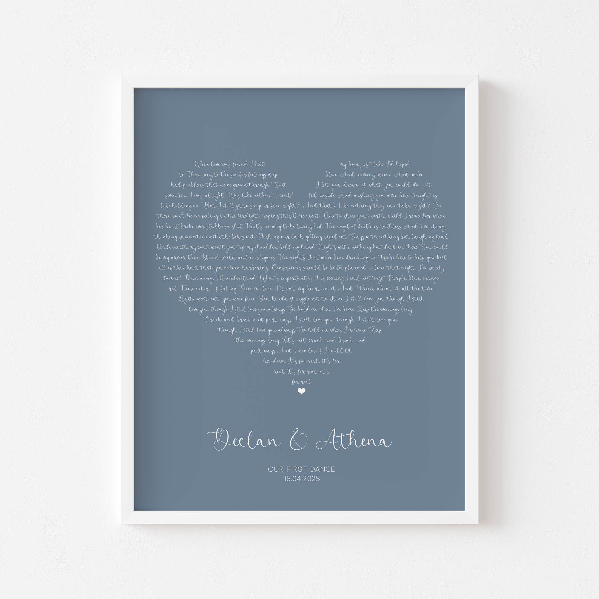 Transform your special song into a heart-shaped lyric print. A romantic personalised gift for anniversaries, weddings or Valentine’s Day.