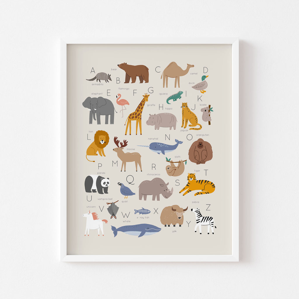 A colourful A–Z animal alphabet print featuring watercolour elephants, lions, and more. Perfect educational wall art for a nursery.