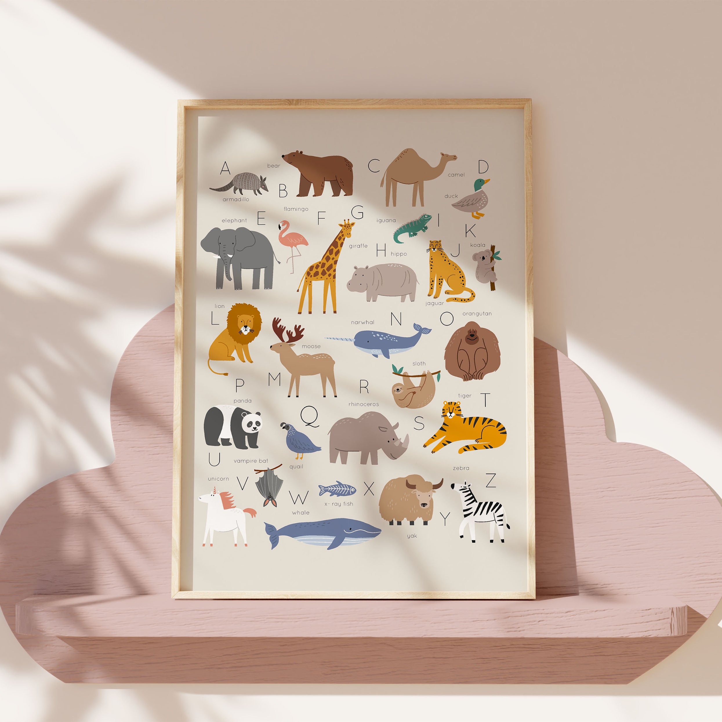 An adorable animal alphabet print in soft watercolours, featuring elephants, lions, and more. Perfect for nurseries and playrooms.