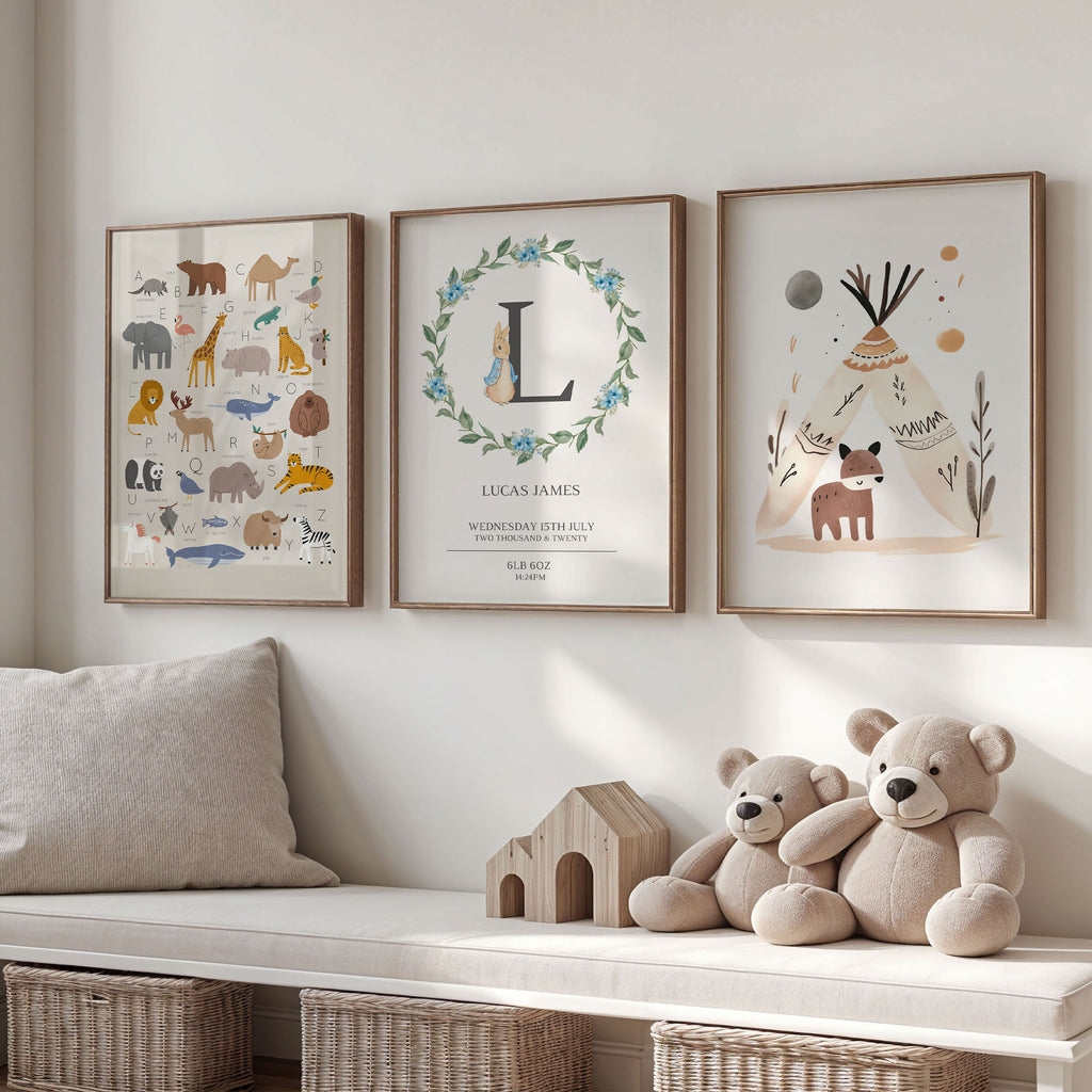 A charming animal alphabet print for kids, with watercolour elephants and lions. Lovely nursery or playroom decor.
