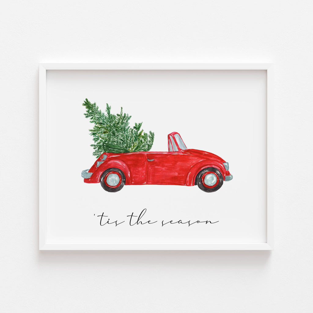 Watercolour Christmas print showing a red car with a tree on top. A cosy, festive addition to any room during the holiday season.