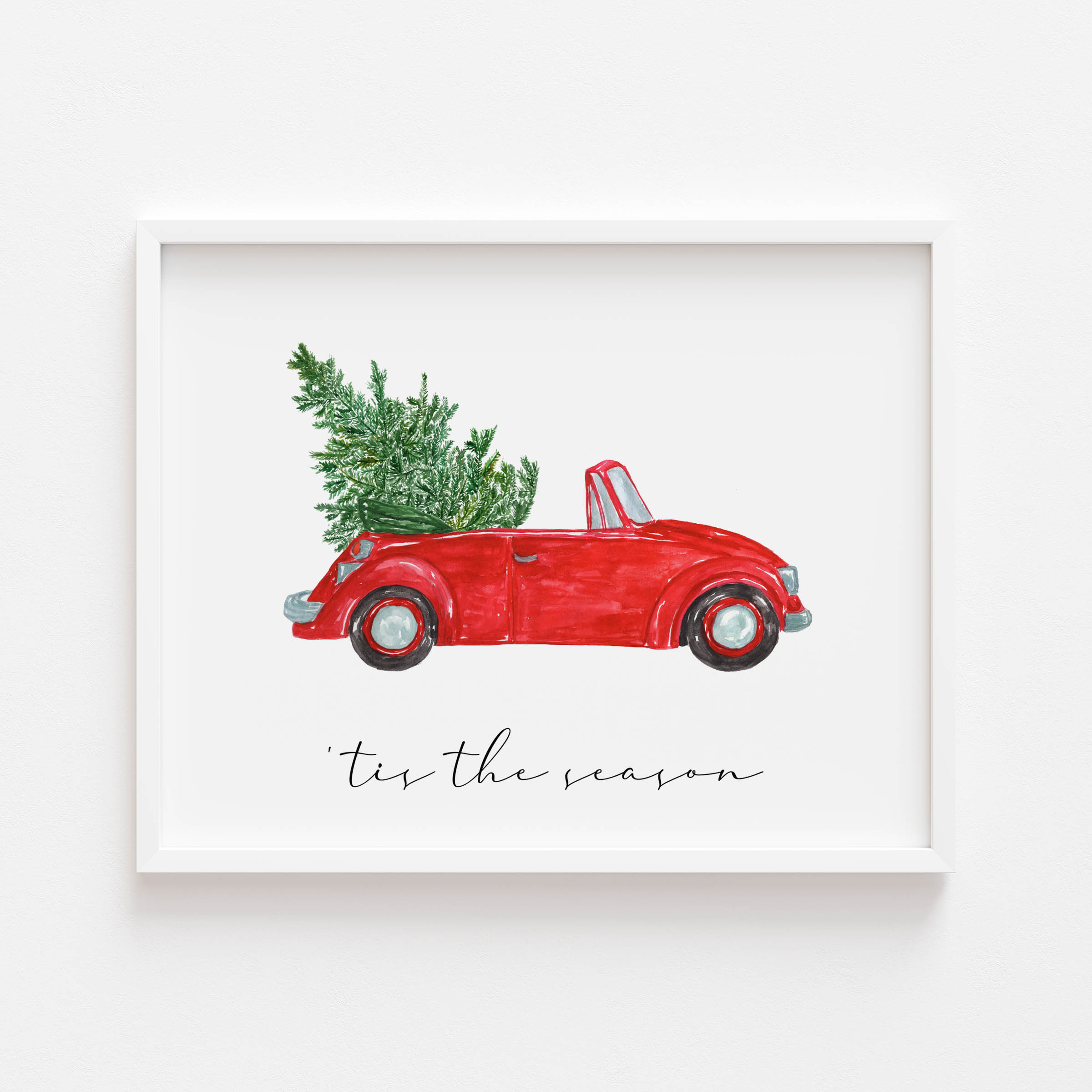 Watercolour Christmas print showing a red car with a tree on top. A cosy, festive addition to any room during the holiday season.