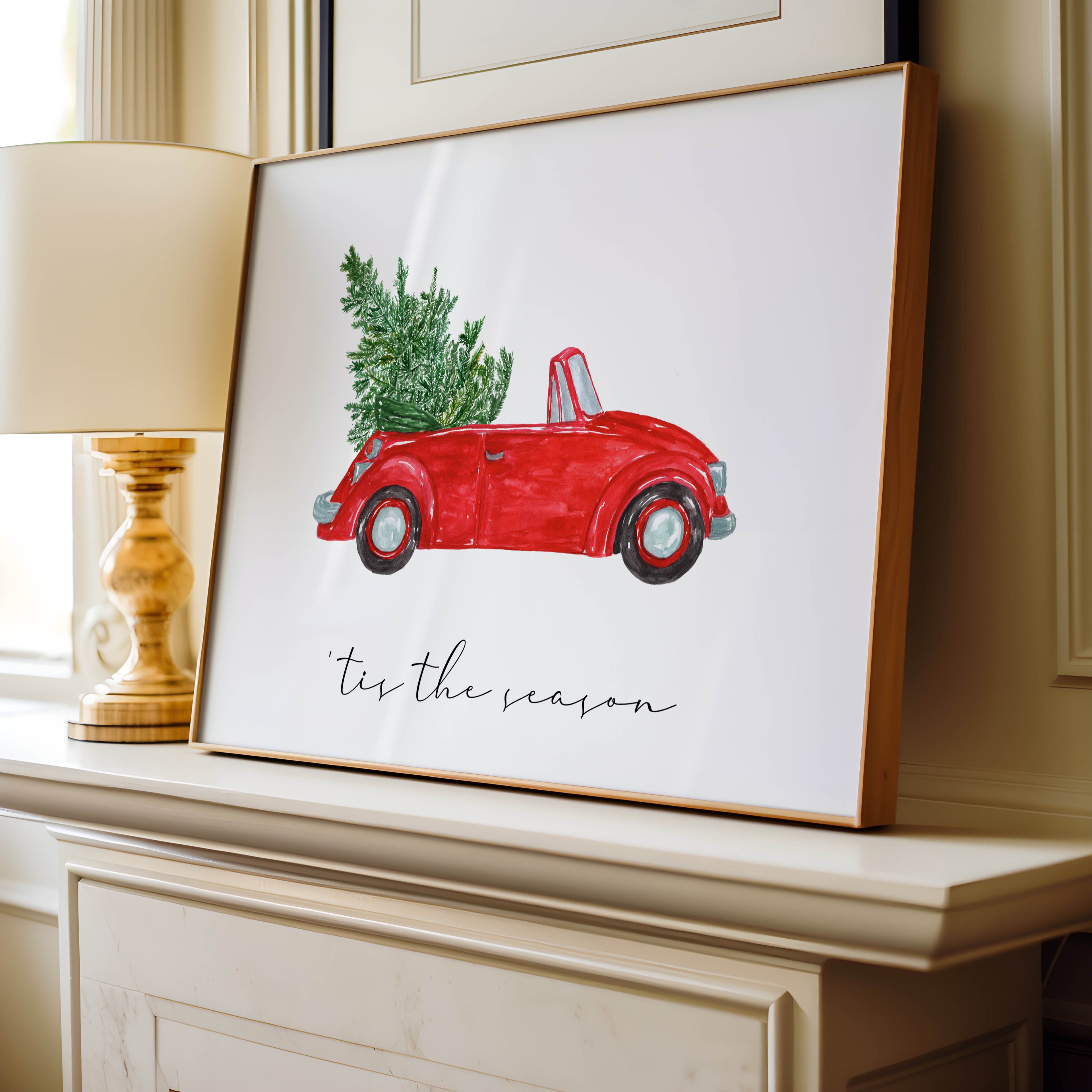 A classic red car with a Christmas tree illustration. Perfect for festive decorating or gifting this holiday season.