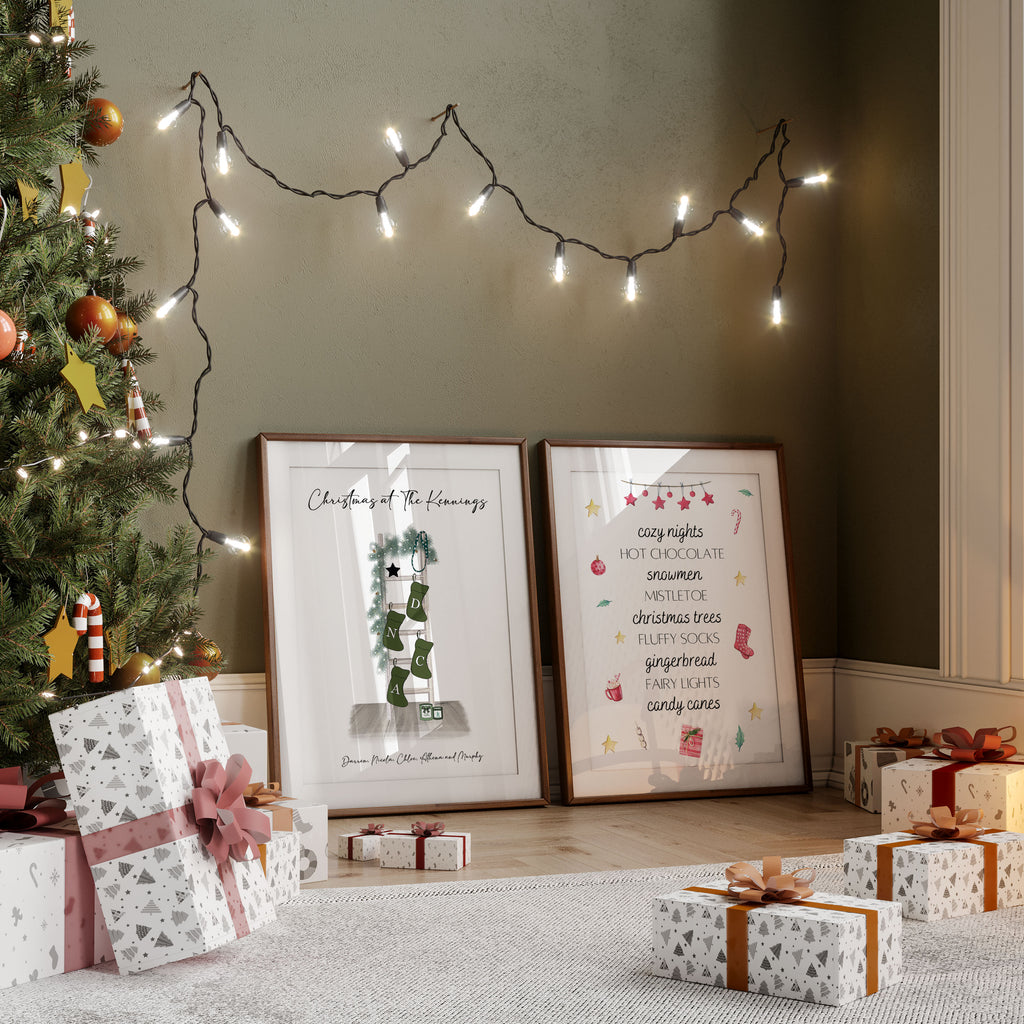 Fun festive wall art listing all the best things about Christmas: cosy nights, fairy lights, gingerbread, and more. Perfect for holiday decor.