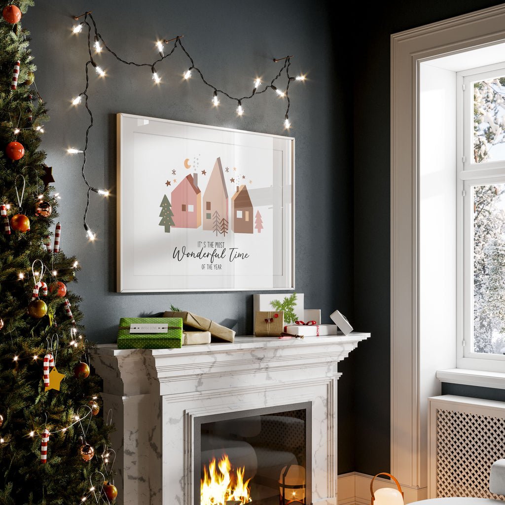 Beautiful holiday wall art with the phrase ‘It’s the Most Wonderful Time of the Year’. Perfect for cosy, festive home decor.