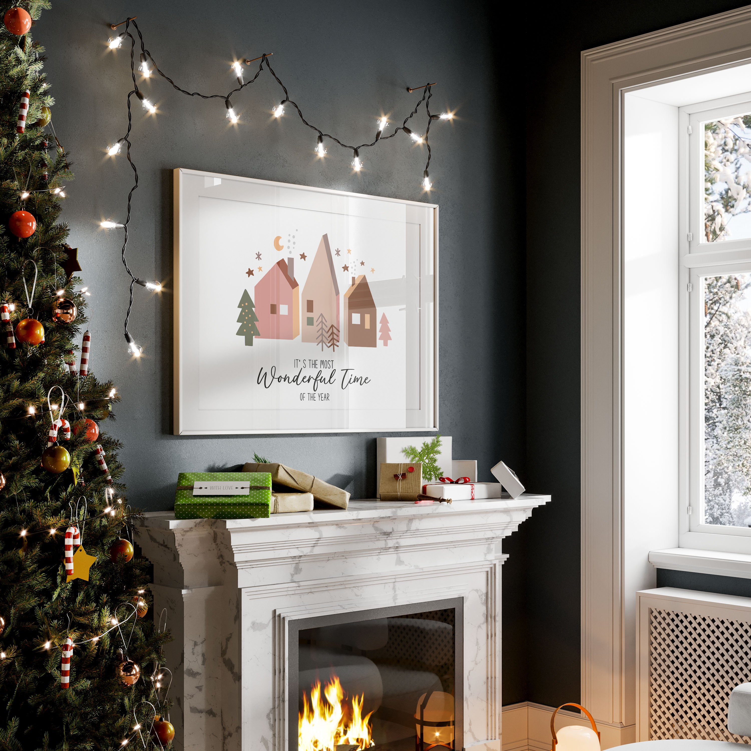 Beautiful holiday wall art with the phrase ‘It’s the Most Wonderful Time of the Year’. Perfect for cosy, festive home decor.