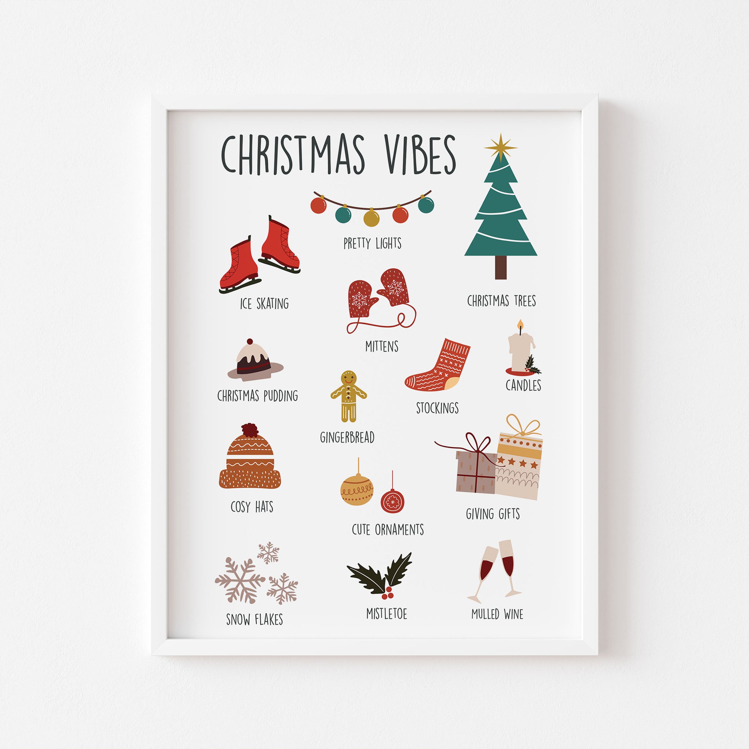 A colourful Christmas print filled with soft festive tones and cheerful charm. Perfect for adding warmth to your home decor.