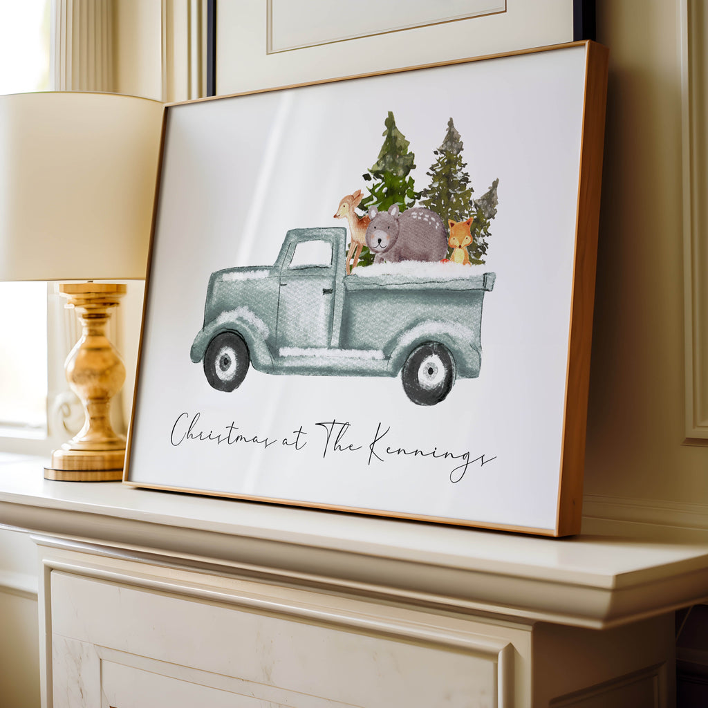 Festive wall art personalised with your house name. A cosy, heartwarming print perfect for Christmas home styling.
