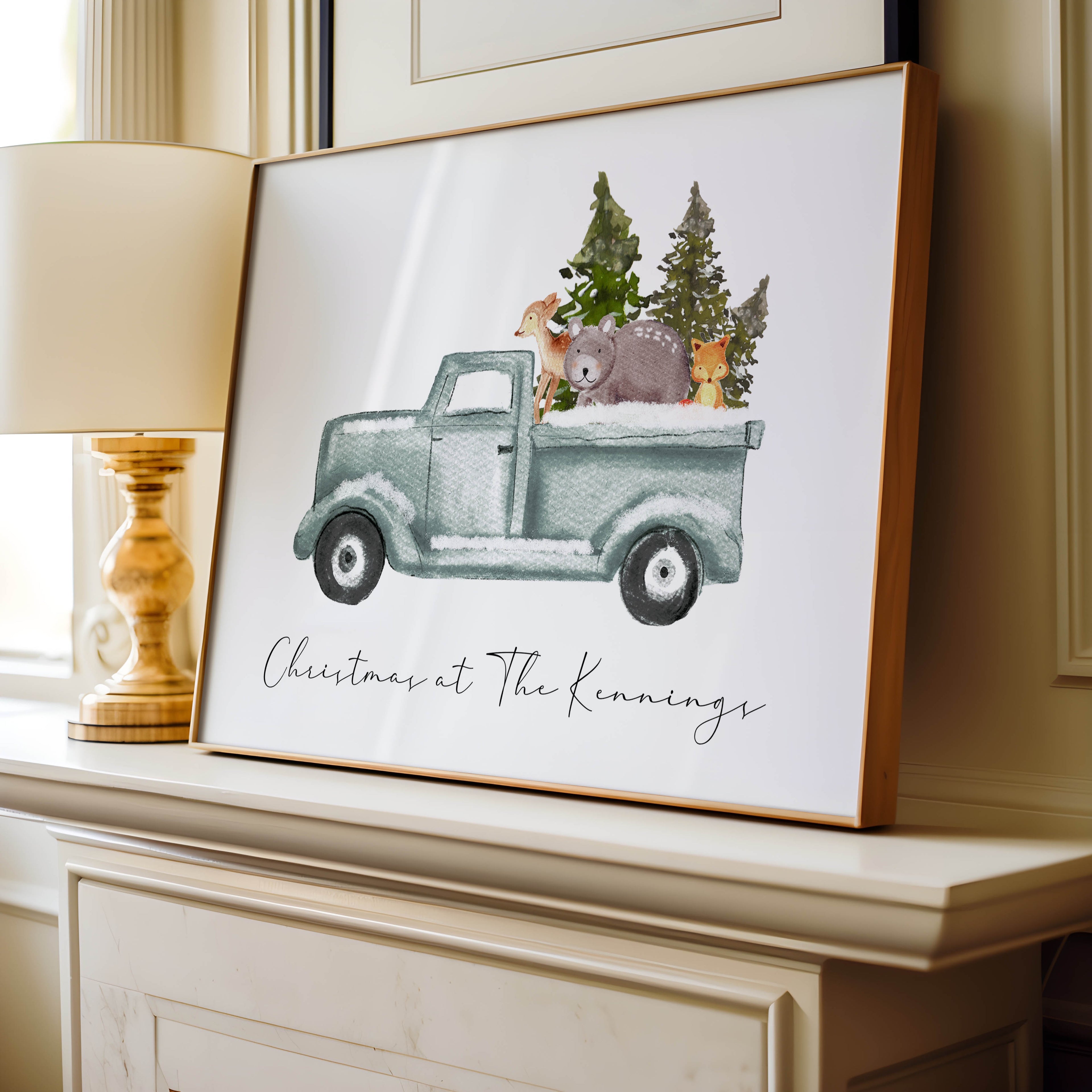 Festive wall art personalised with your house name. A cosy, heartwarming print perfect for Christmas home styling.