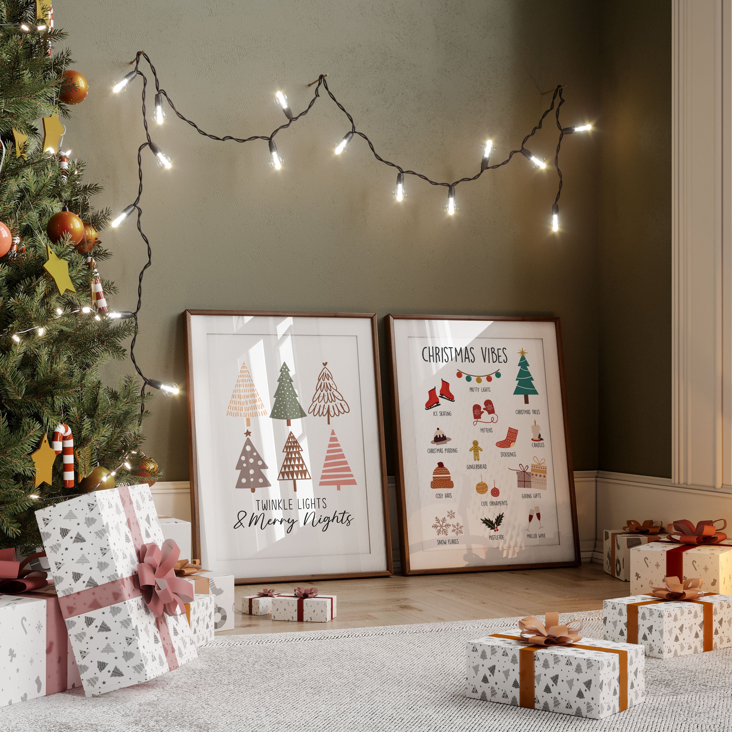 Bright and joyful Christmas wall print capturing the cosy spirit of the holidays. A lovely festive addition to any home.