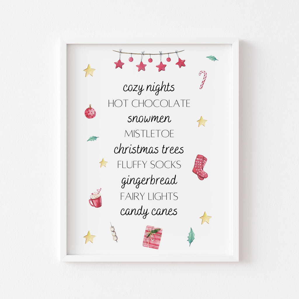 Playful Christmas print featuring cosy nights, gingerbread, candy canes, and fairy lights. A joyful design for festive home decor.
