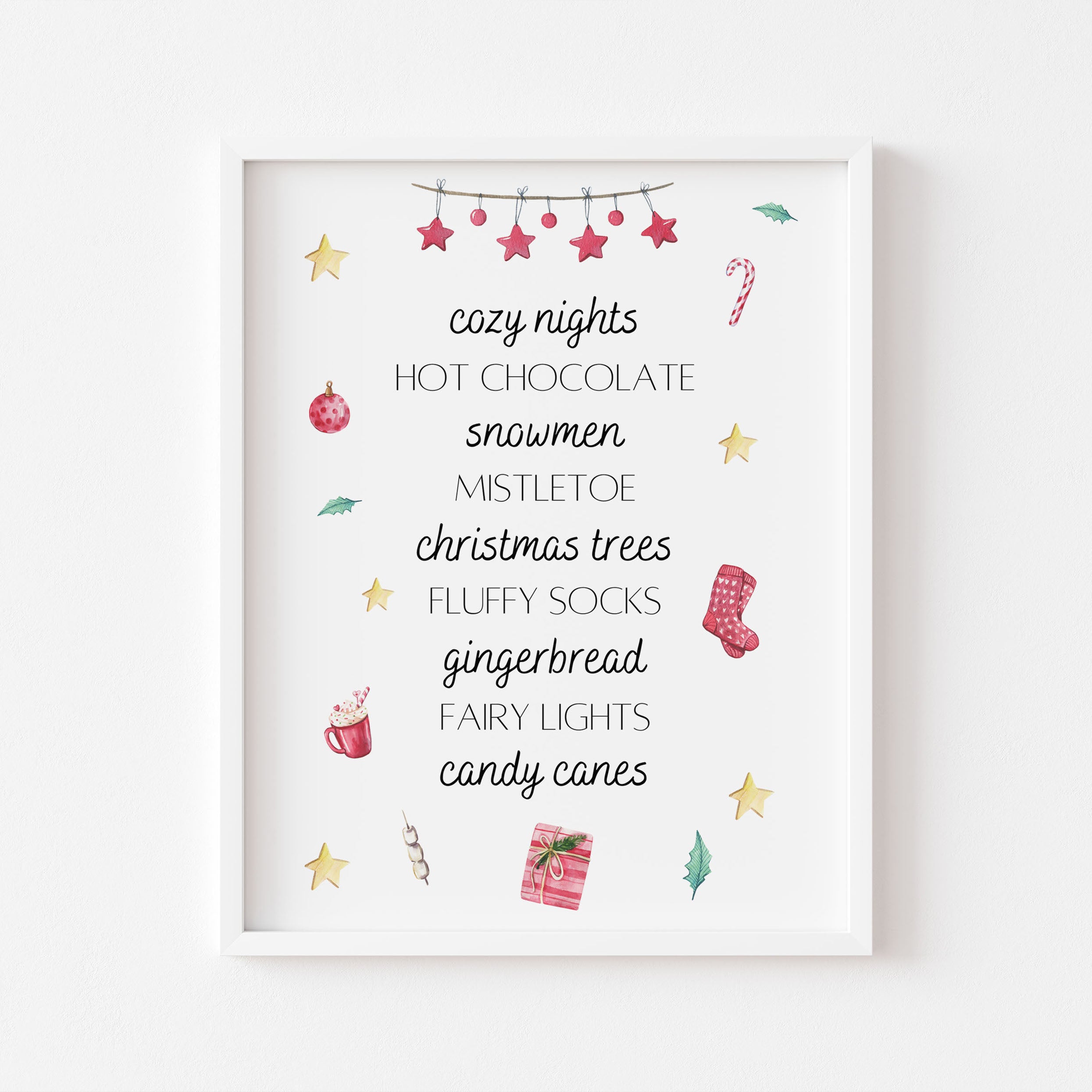 Playful Christmas print featuring cosy nights, gingerbread, candy canes, and fairy lights. A joyful design for festive home decor.