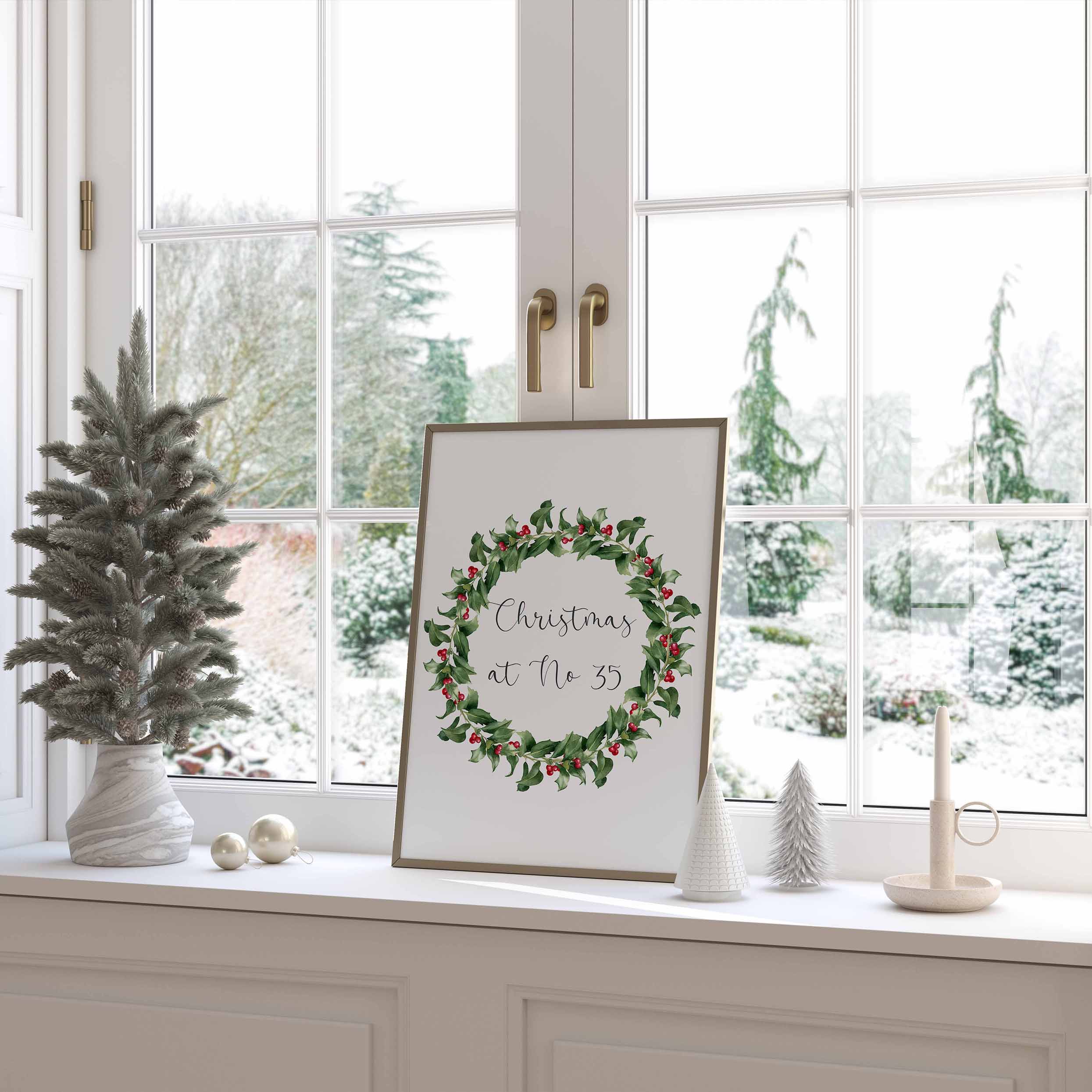 Elegant watercolour wreath print personalised with your home address. A timeless Christmas keepsake full of festive charm.