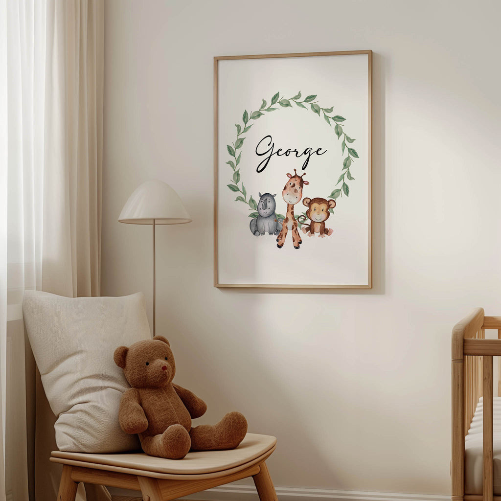 Soft watercolour animal illustration customised with a child’s name. Ideal nursery wall art or thoughtful new baby gift.