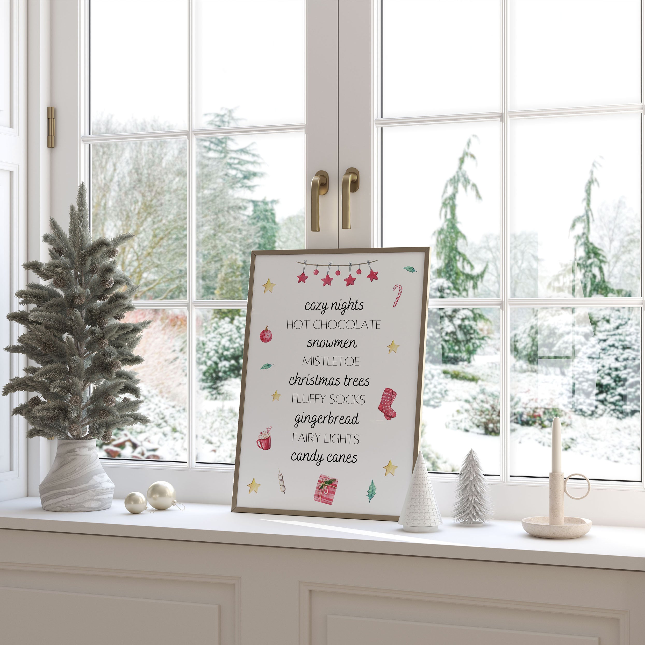 Bright and playful Christmas print with a list of holiday favourites. A fun, modern piece for adding warmth to your festive home.