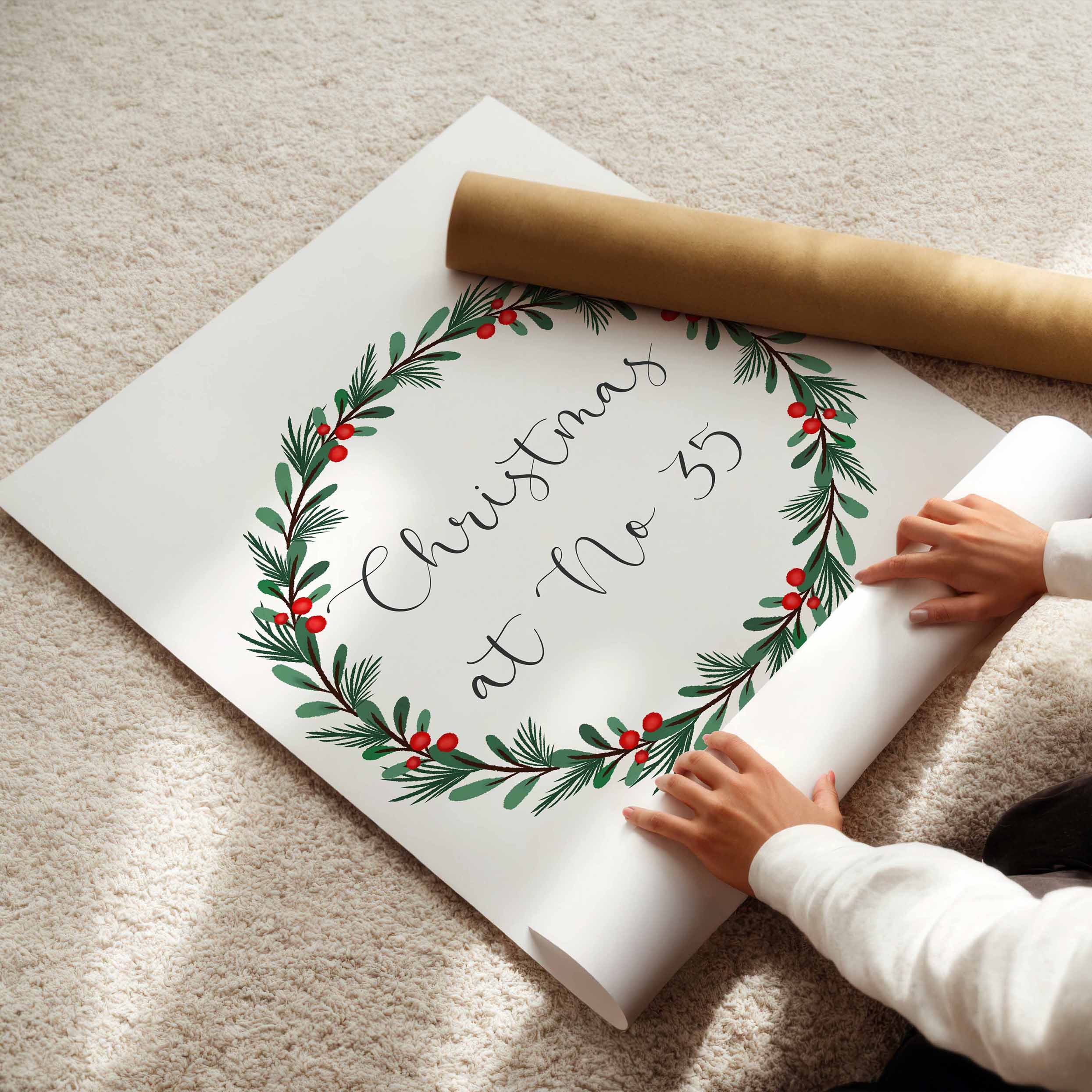 Beautiful personalised Christmas print with house number inside a festive wreath. A timeless holiday keepsake for your home.