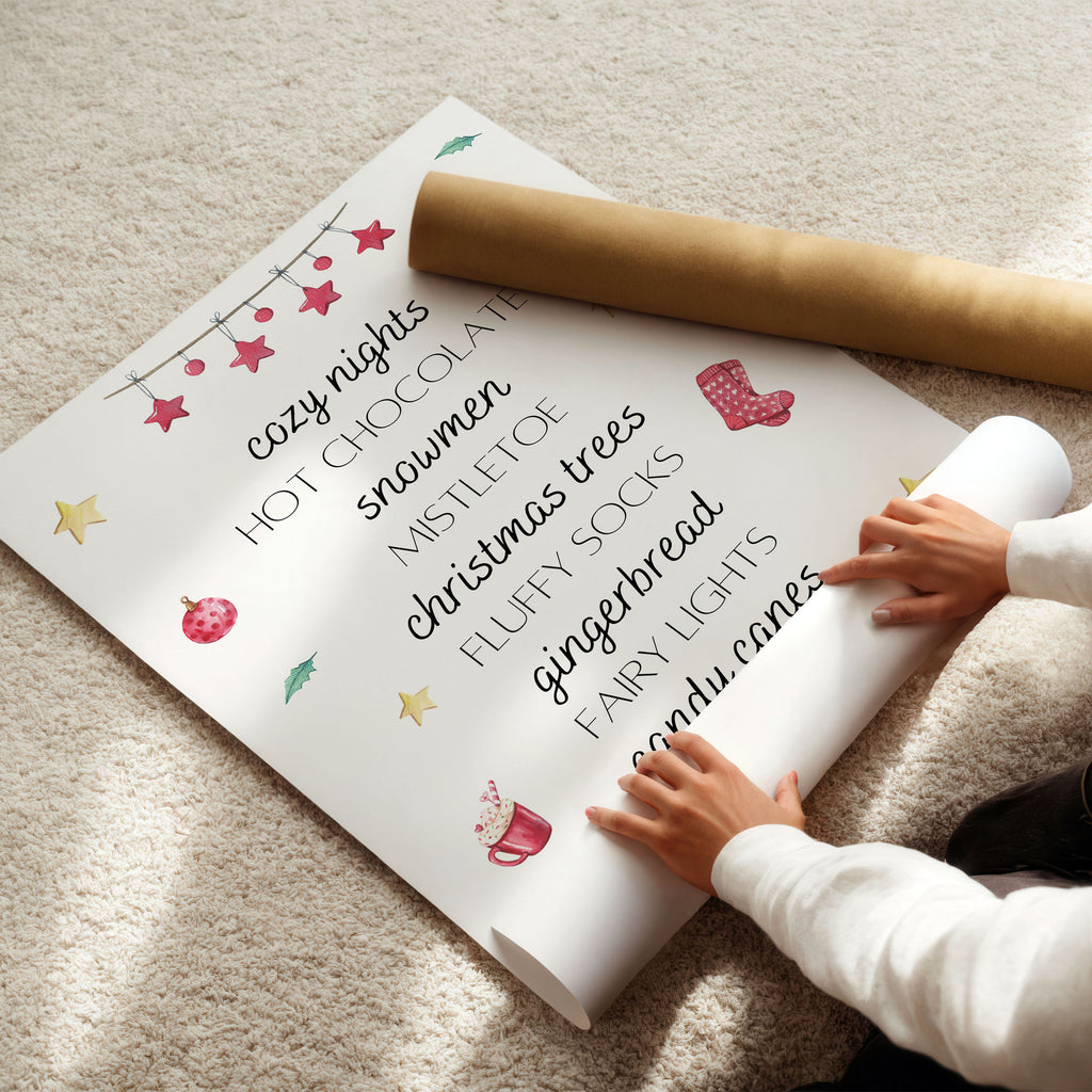 Whimsical Christmas print featuring a list of holiday joys: candy canes, gingerbread, fairy lights, and winter nights.