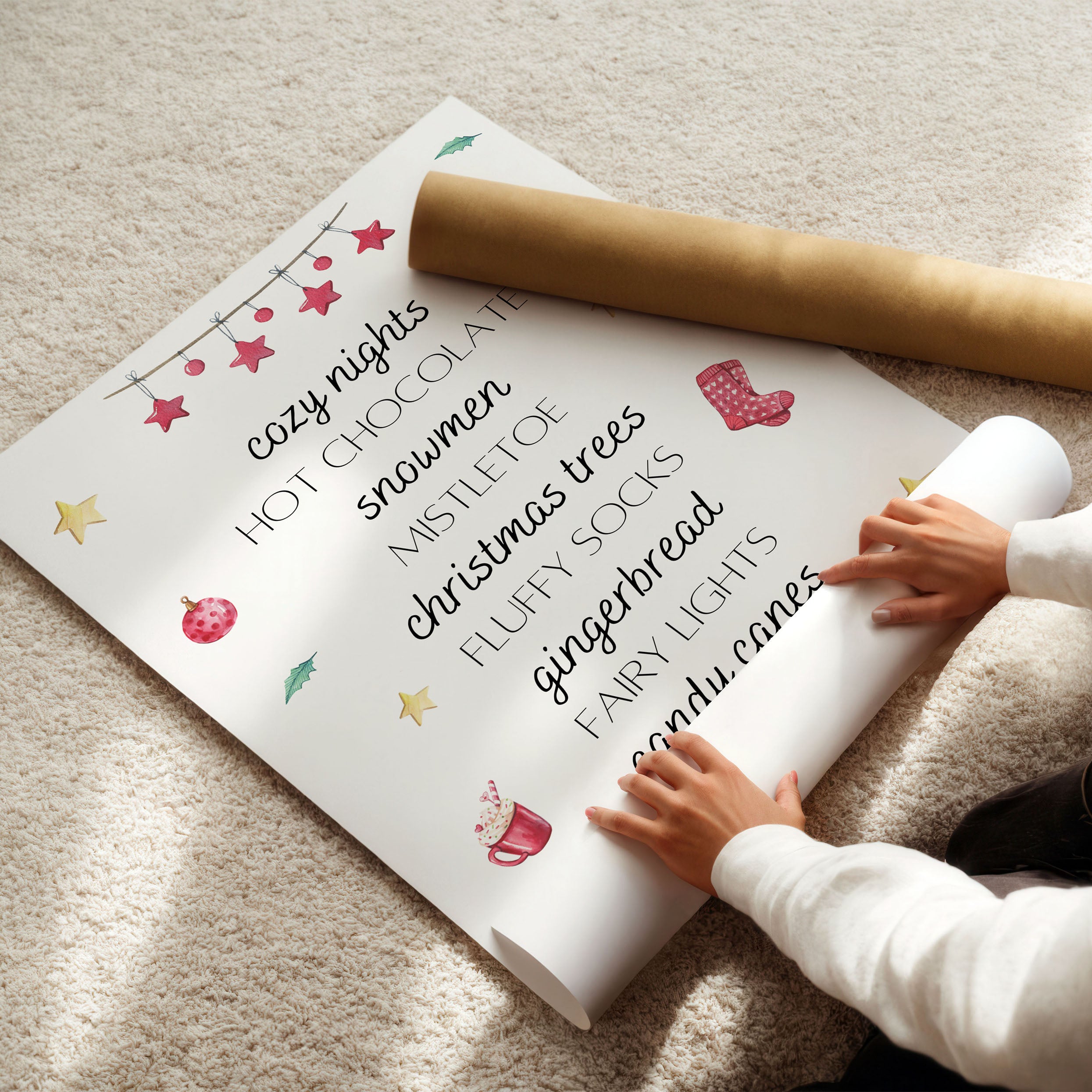 Whimsical Christmas print featuring a list of holiday joys: candy canes, gingerbread, fairy lights, and winter nights.