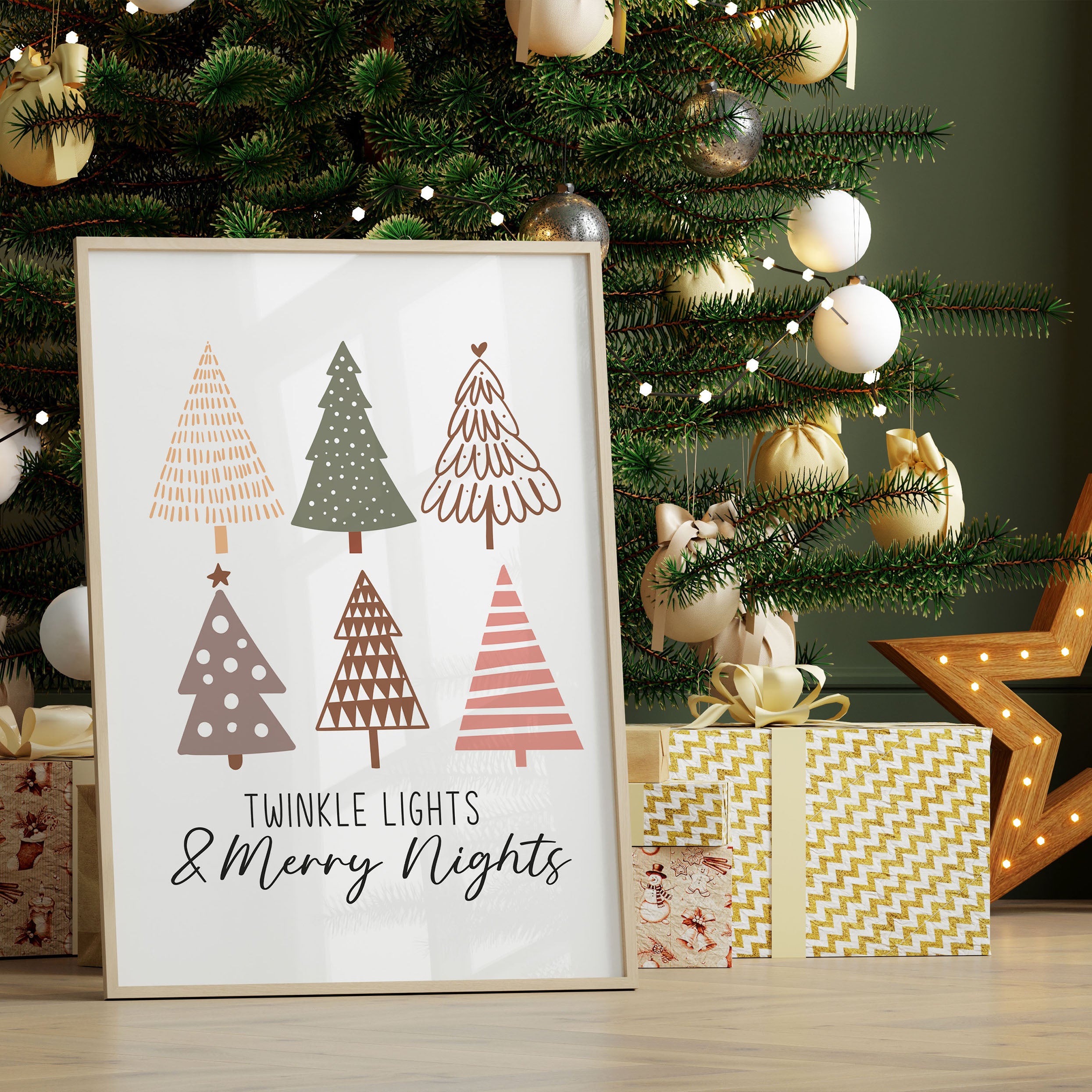 Charming festive wall art showcasing a trio of Christmas trees and a cosy winter phrase. Ideal for Christmas decorating.