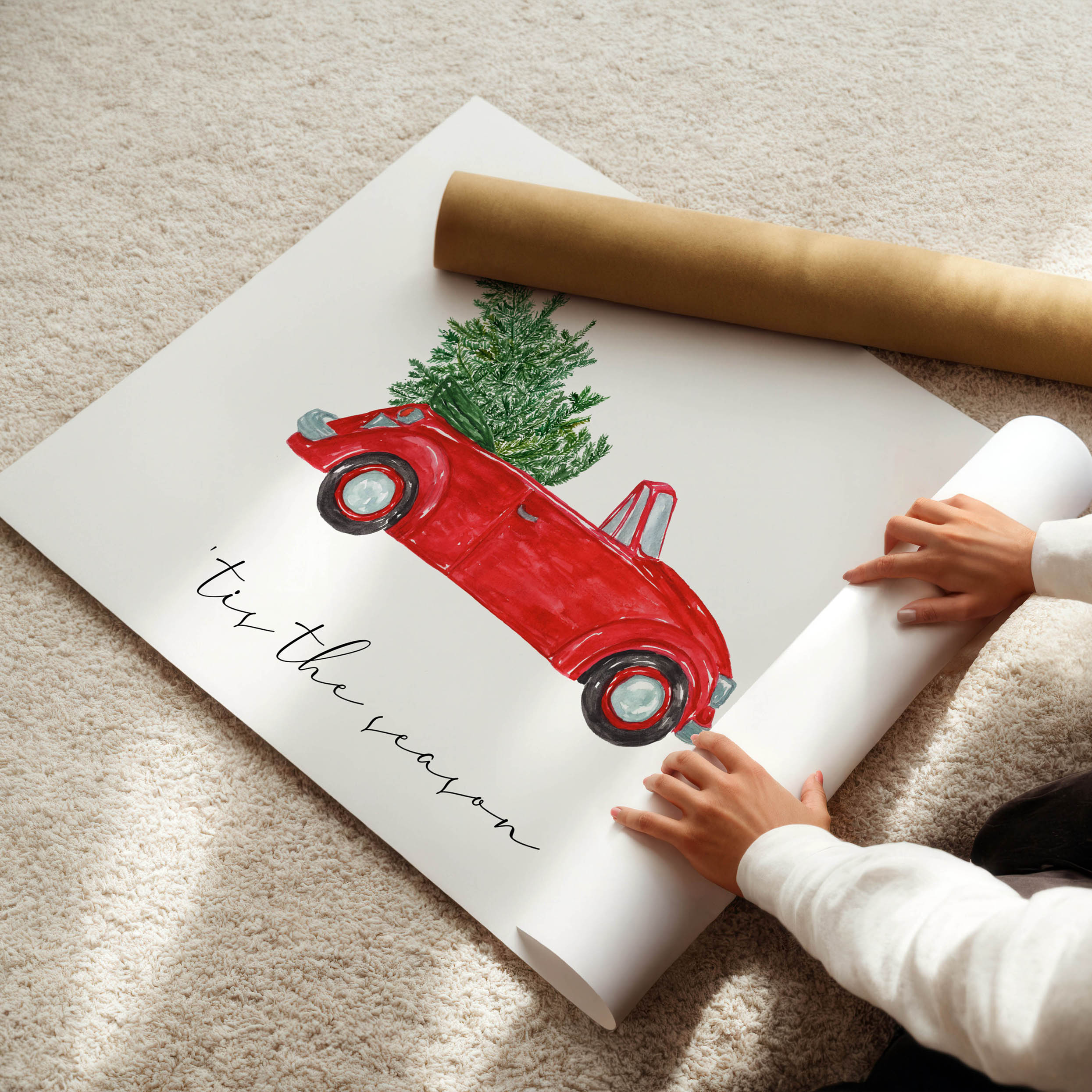Festive wall art featuring a watercolour red car with a Christmas tree. A joyful print that captures the spirit of the holidays.