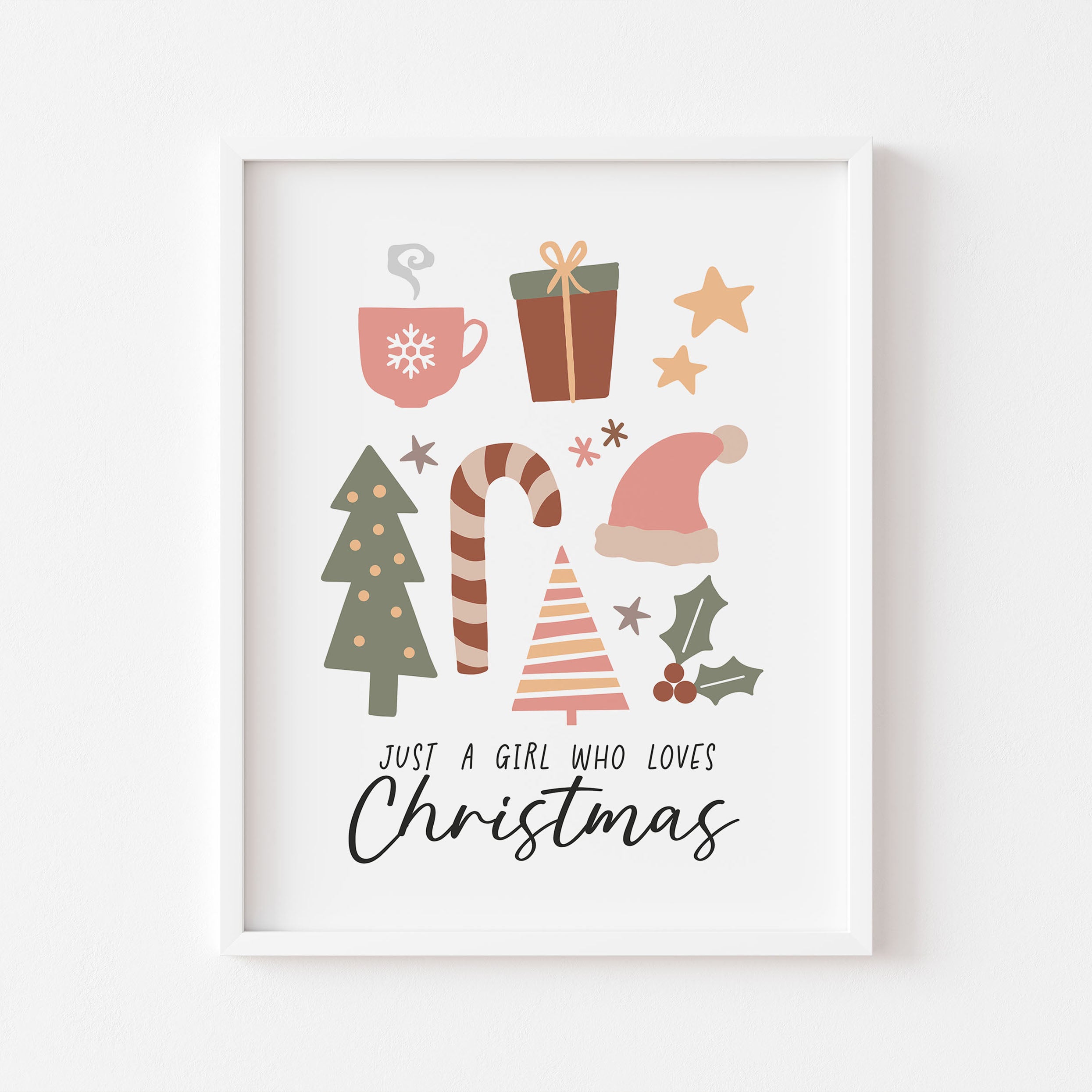Bright and colourful Christmas print featuring the phrase ‘Just a Girl That Loves Christmas’. Fun wall art for holiday lovers.