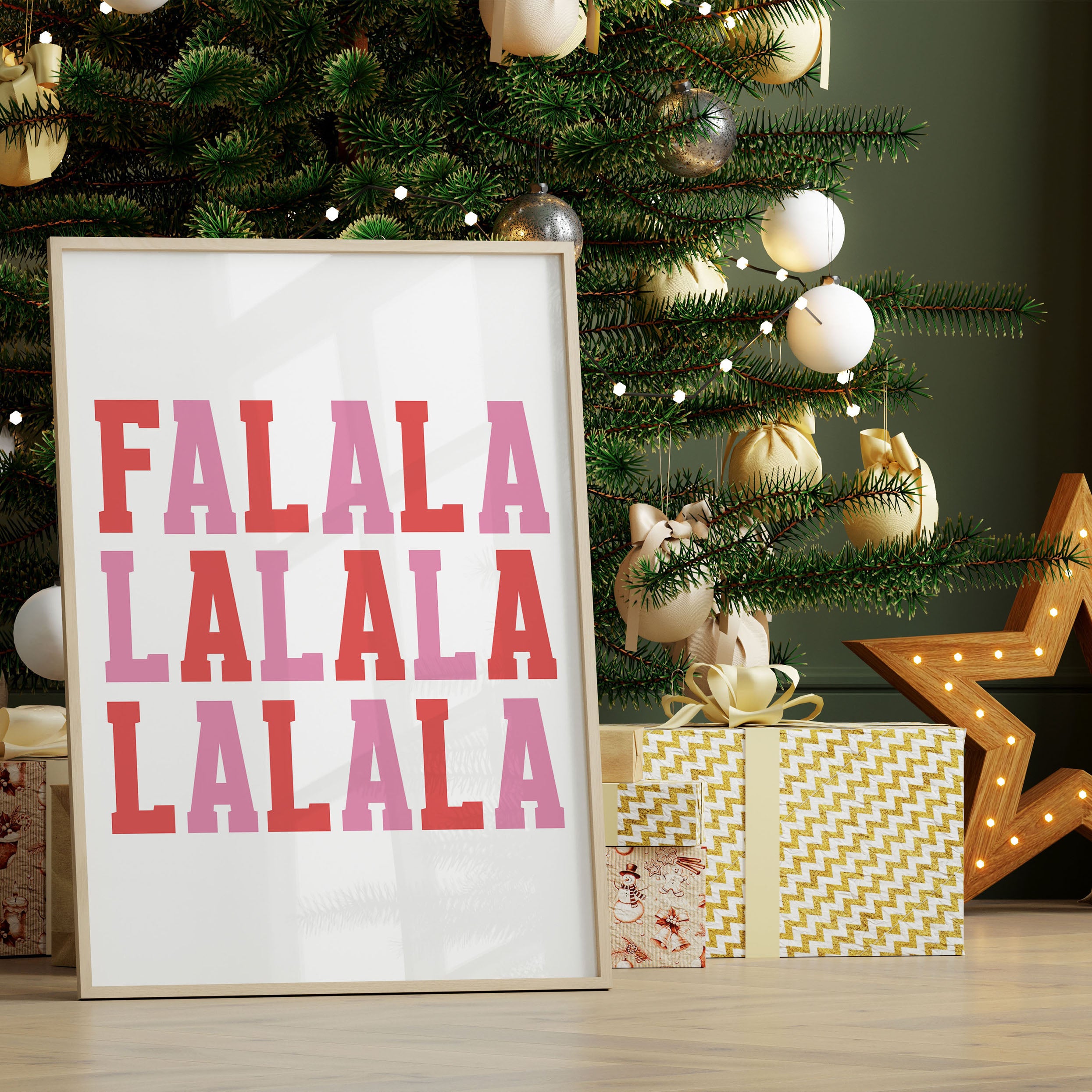 Contemporary Christmas print with bright festive colours and bold lettering. Perfect for fun, modern holiday decor.