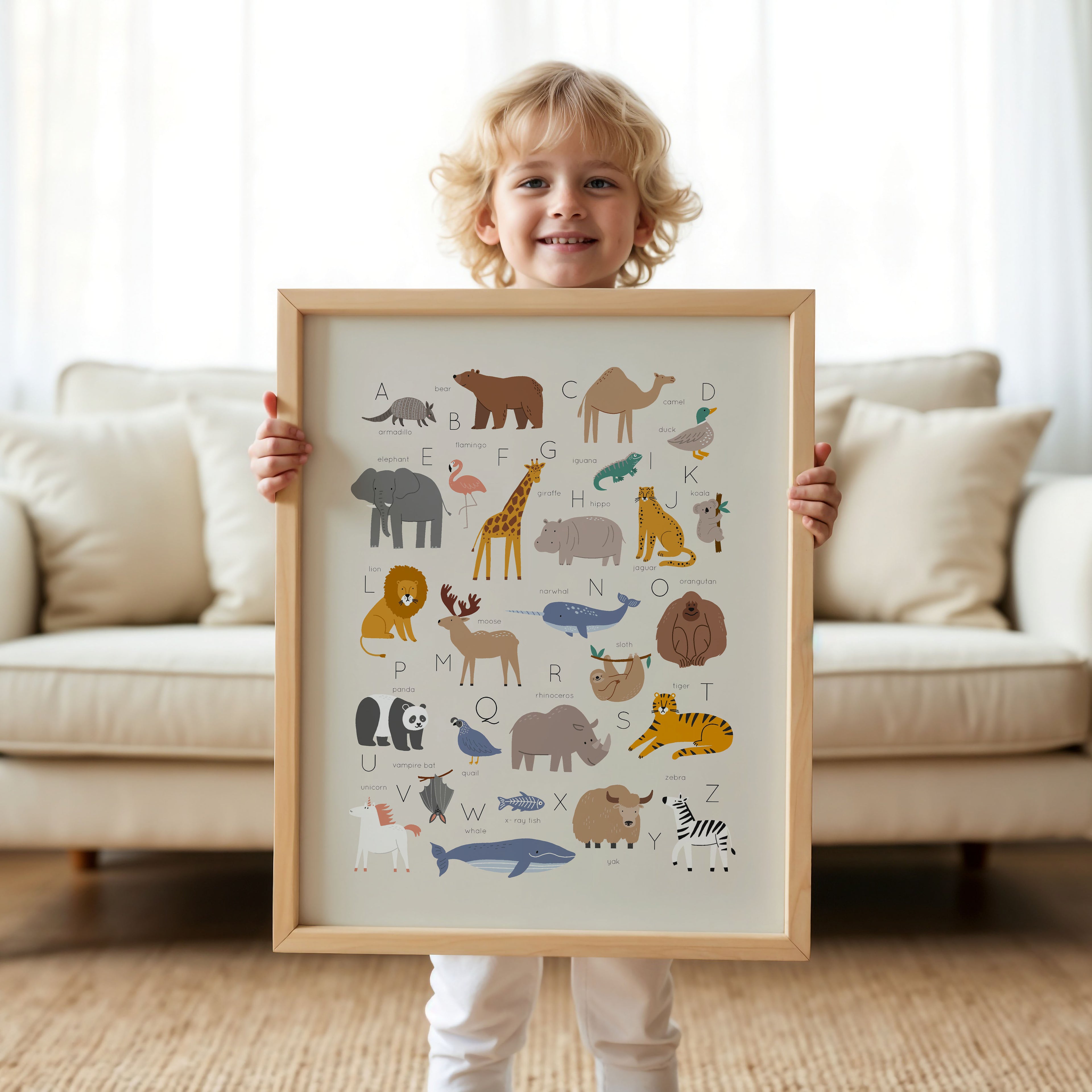 Beautiful alphabet print featuring soft watercolour animals. A sweet and educational addition to any child’s room.