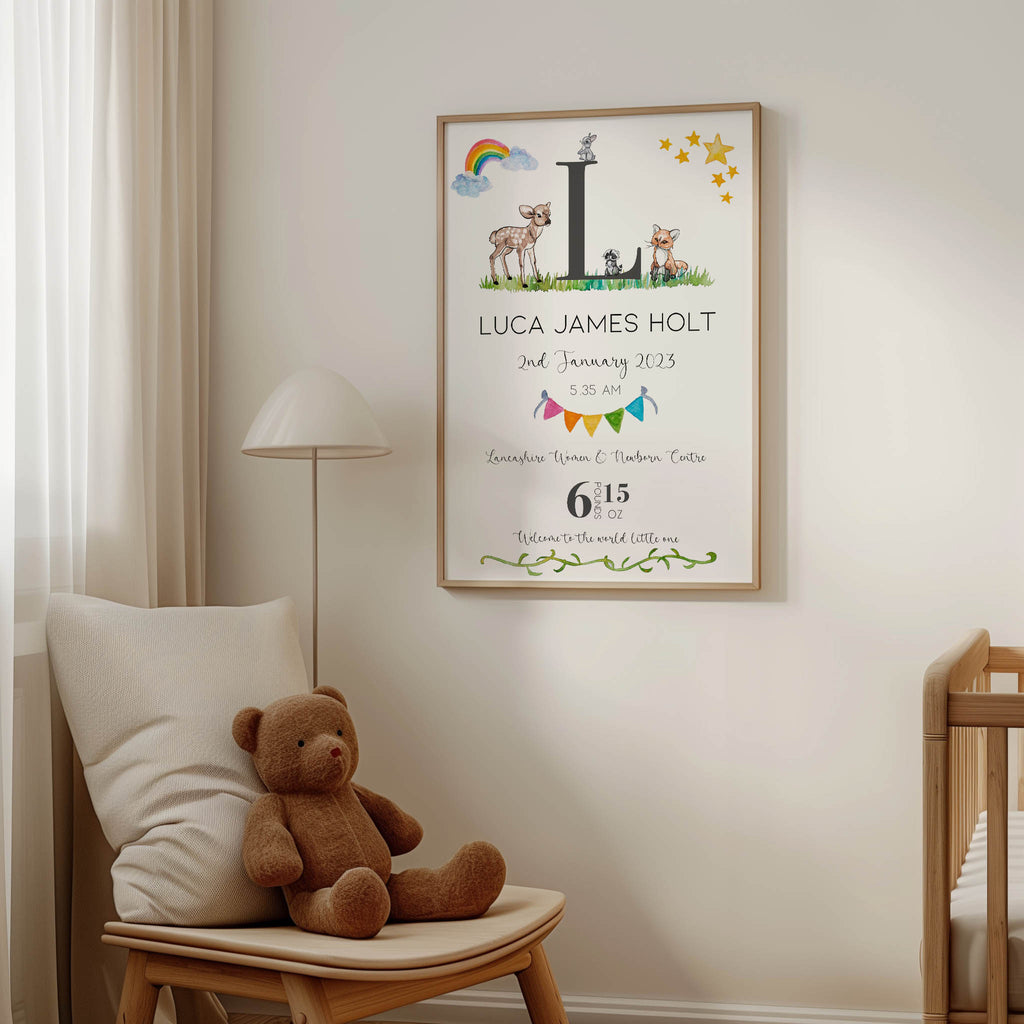 Delicate watercolour animal print with baby’s name, date, time, and weight. A charming keepsake and perfect baby shower gift.