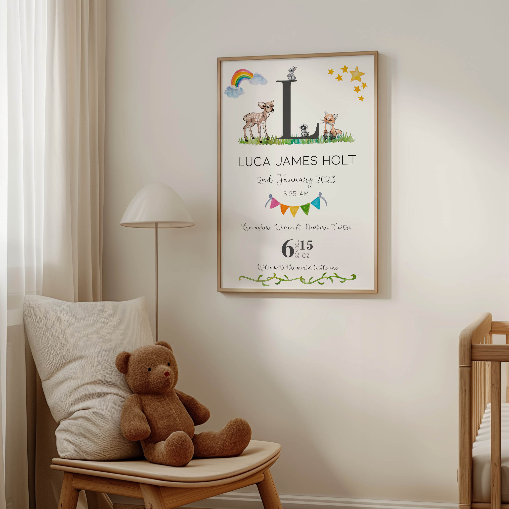 Delicate watercolour animal print with baby’s name, date, time, and weight. A charming keepsake and perfect baby shower gift.