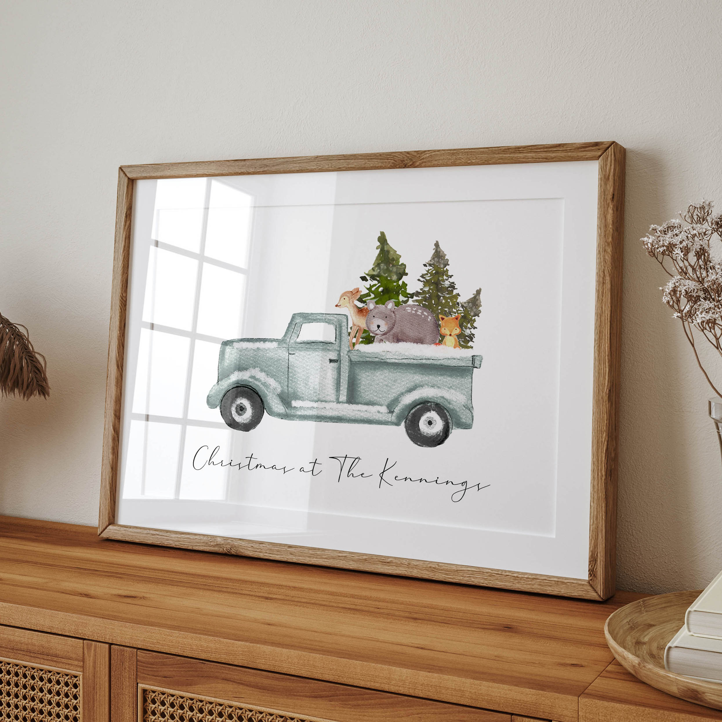 A soft, winter-inspired Christmas print featuring a custom house name. A timeless piece for holiday decorating.