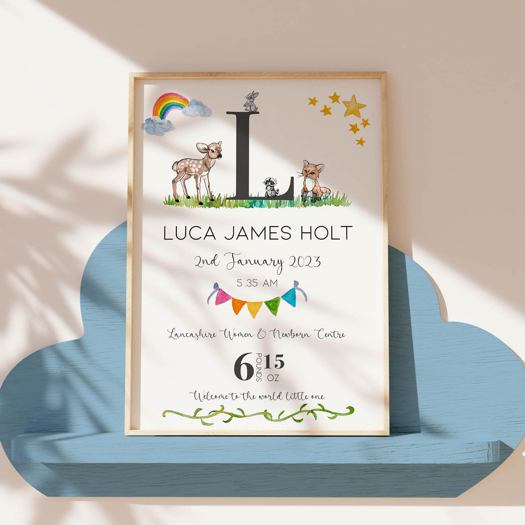 Soft and elegant watercolour animal print personalised with baby’s name, date, and weight. A sweet addition to a baby’s nursery.
