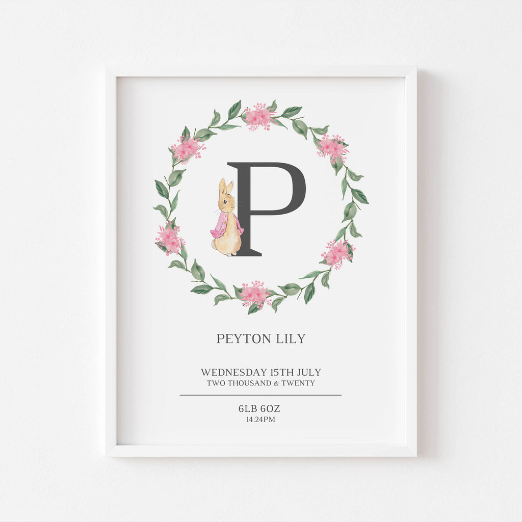 A personalised Peter Rabbit newborn print featuring baby’s name, date, time, and weight — a timeless Beatrix Potter keepsake for the nursery.