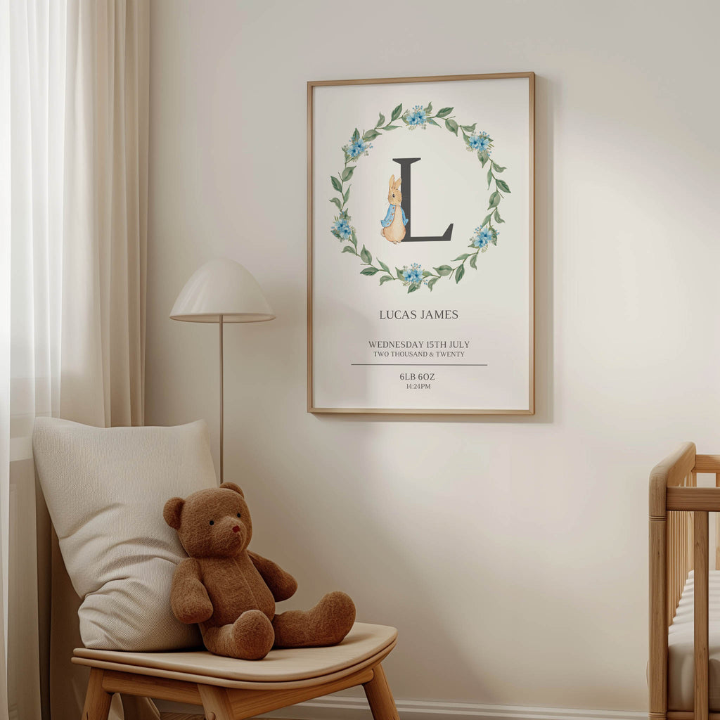 A sweet Peter Rabbit newborn print featuring your baby’s name, date, time & weight. The perfect personalised Beatrix Potter keepsake for new parents.