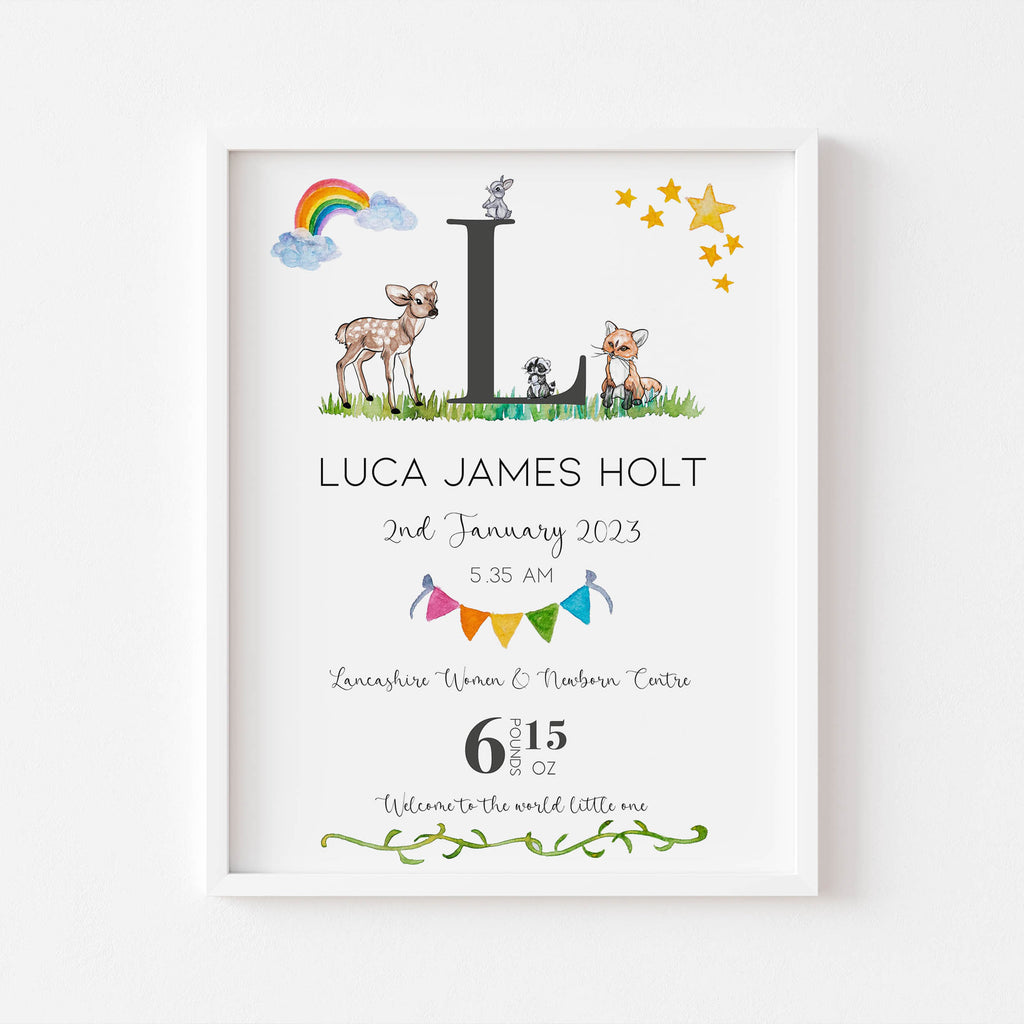 A personalised watercolour animal birth print featuring a baby’s name, date, time, and weight. A soft, timeless keepsake for any nursery.