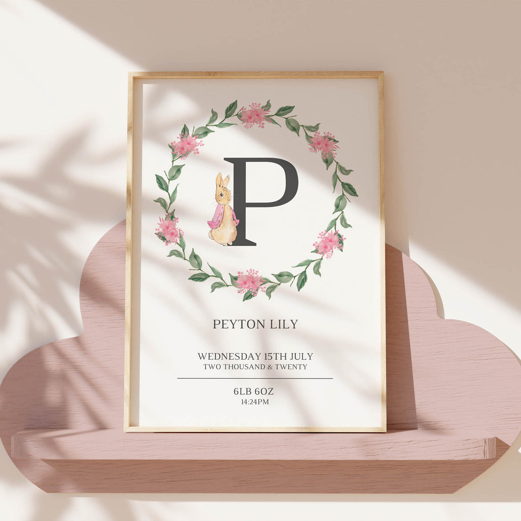 Custom Peter Rabbit baby print with name, date, time, and weight. A timeless Beatrix Potter design for nursery walls or as a sentimental baby gift.