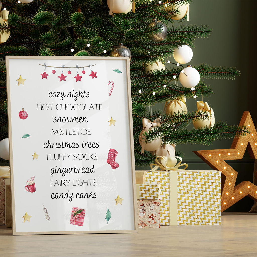 A cheerful Christmas typography print celebrating everything festive — from hot chocolates to twinkling lights and winter cosiness.