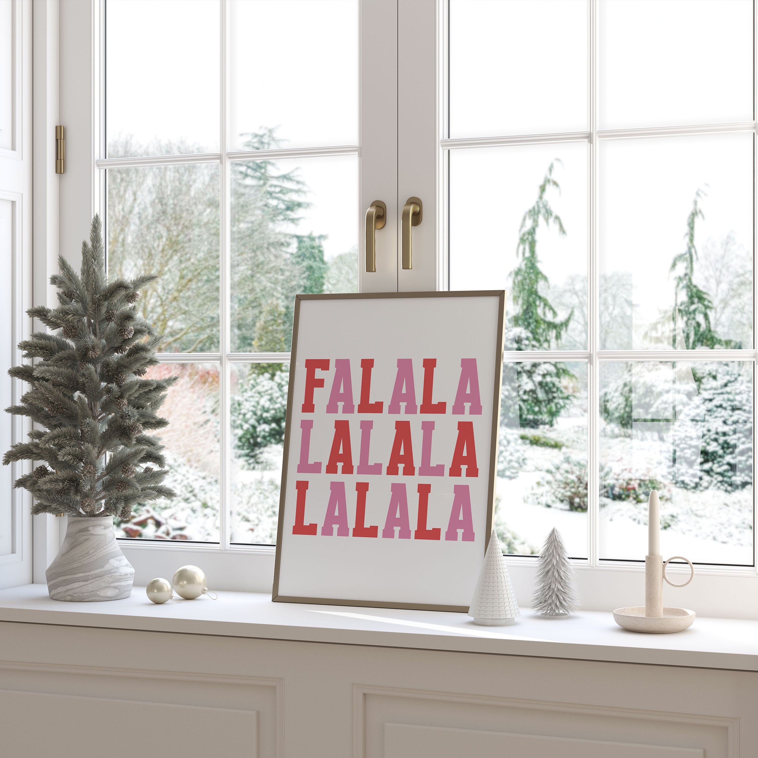 Bold red and pink Christmas artwork featuring the festive phrase ‘Fa La La La La’. Adds colour and cheer to your home decor.