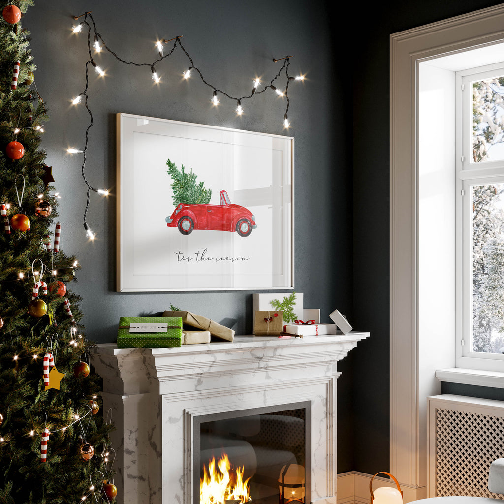 A charming Christmas print featuring a red car carrying a Christmas tree. Warm, nostalgic wall art perfect for holiday home decor.