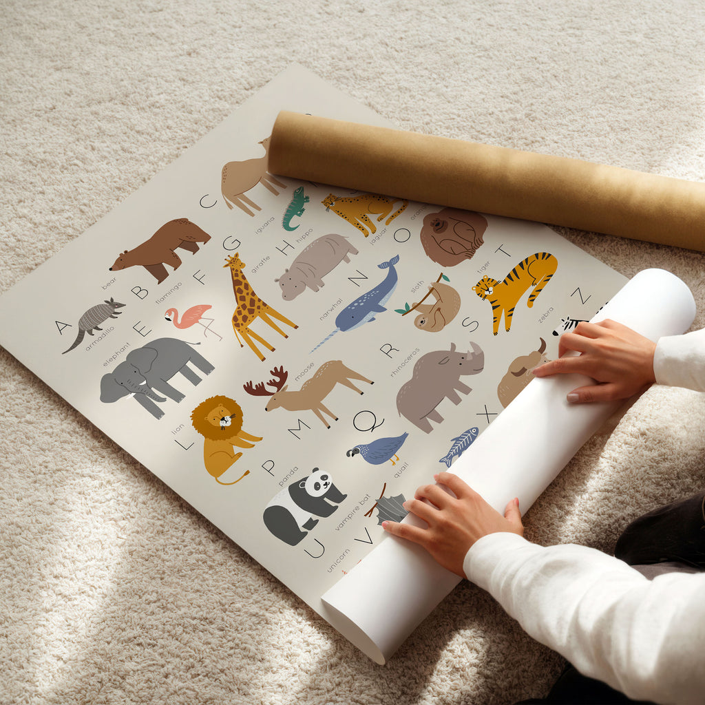 A colourful A–Z print with watercolour animals, ideal for helping children learn their letters in a fun, creative way.