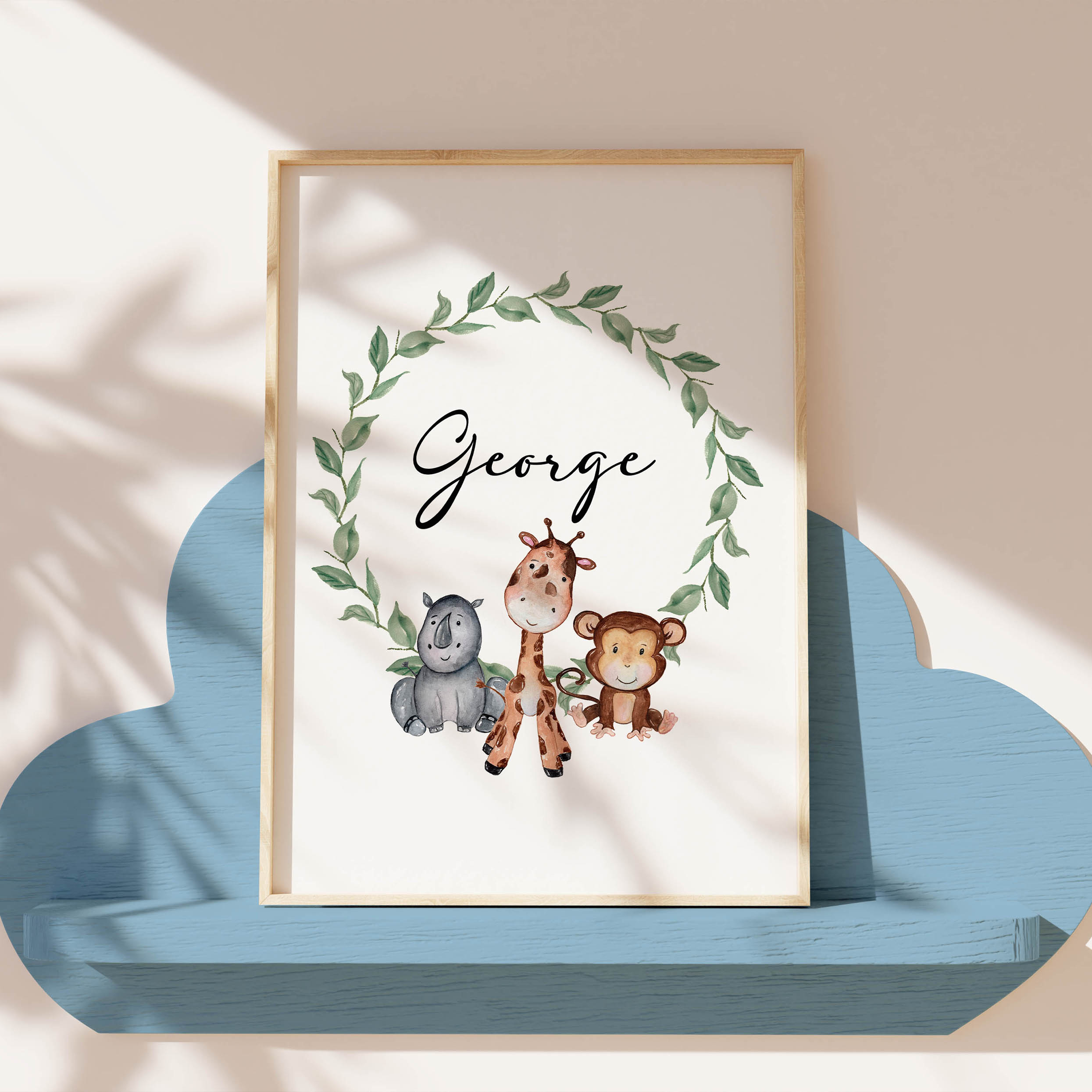 A hand-painted watercolour animal print featuring a child’s name in a modern, minimalist style — perfect for nursery walls or gifts.