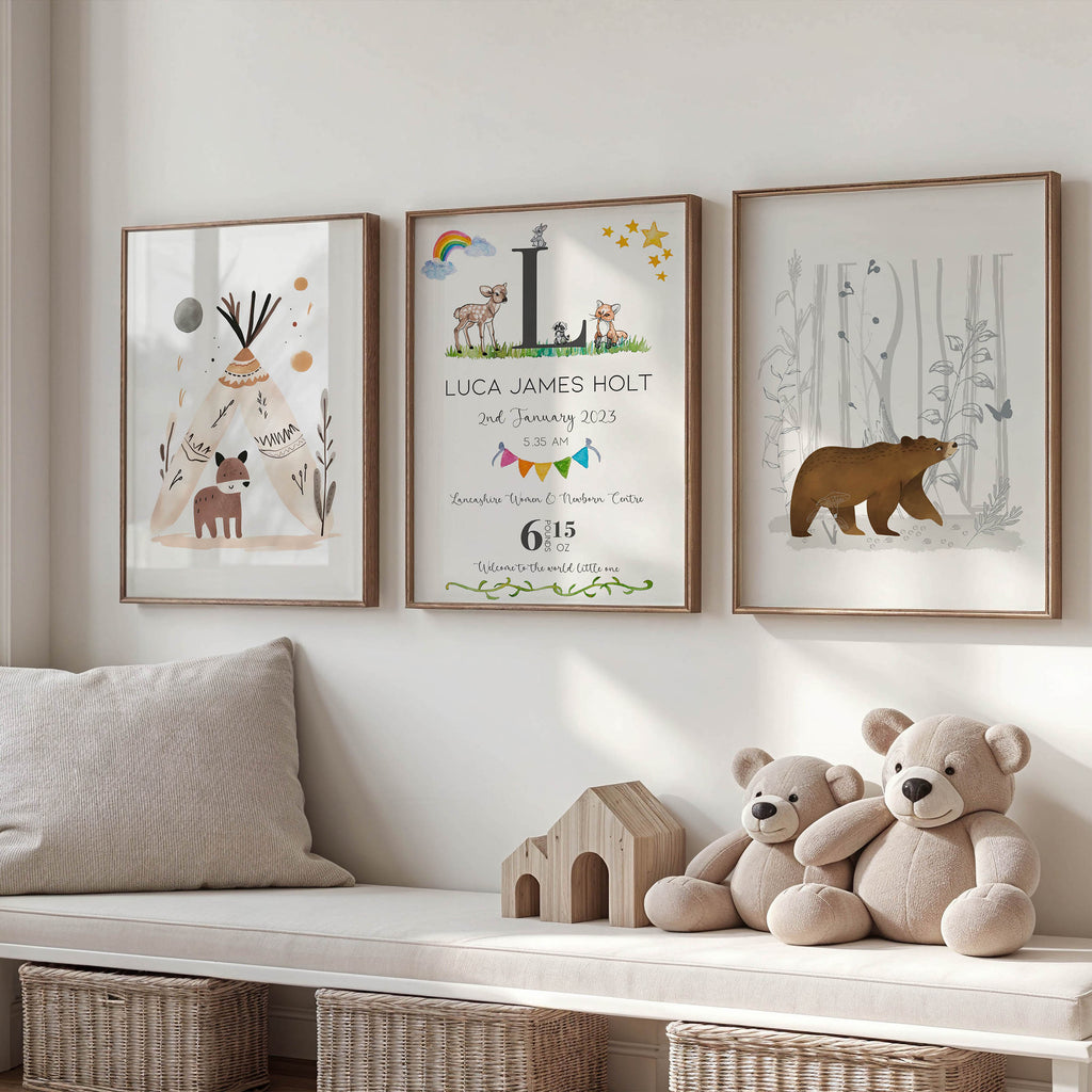 Custom watercolour animal print displaying baby’s name and birth information. Ideal nursery decor and newborn keepsake.