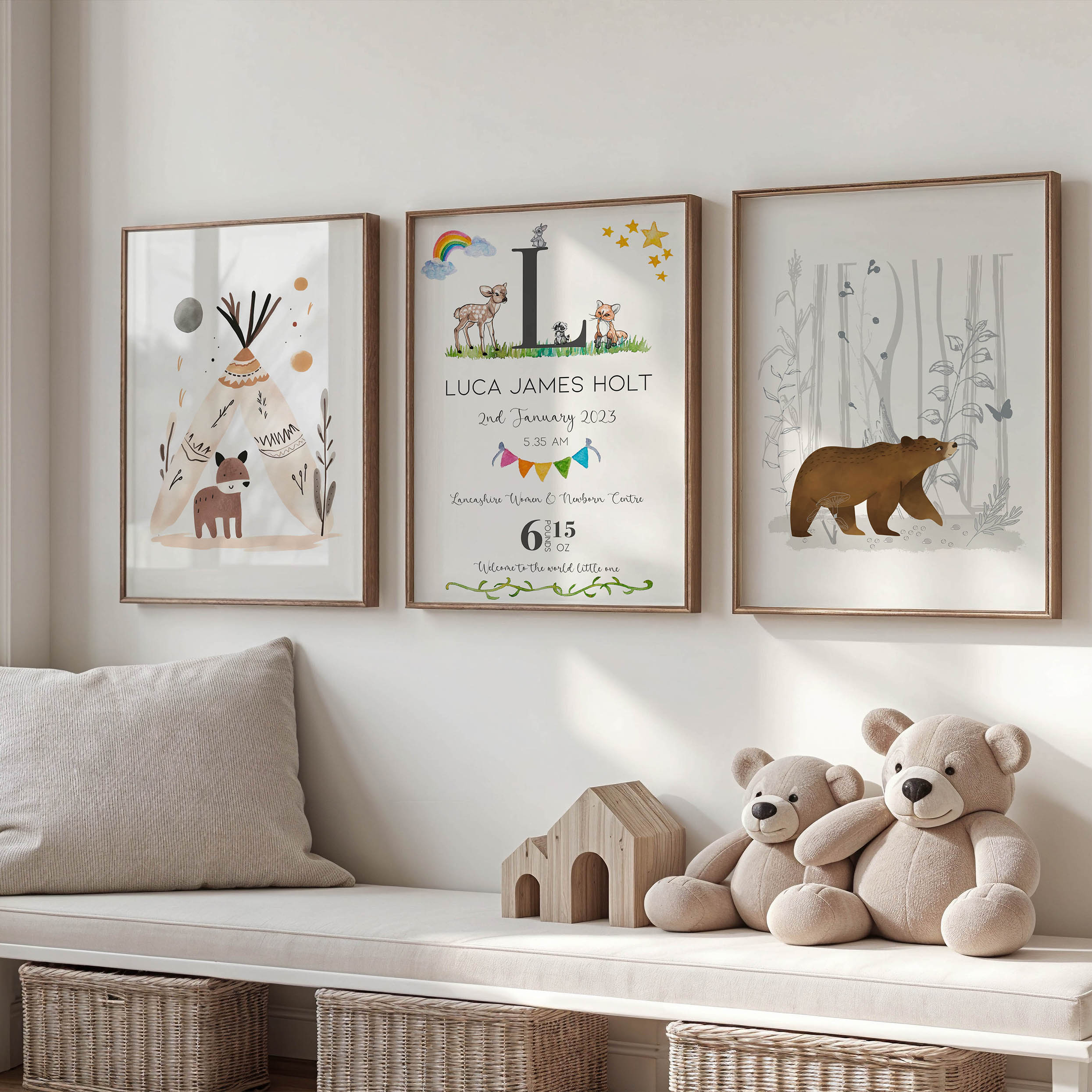 Custom watercolour animal print displaying baby’s name and birth information. Ideal nursery decor and newborn keepsake.
