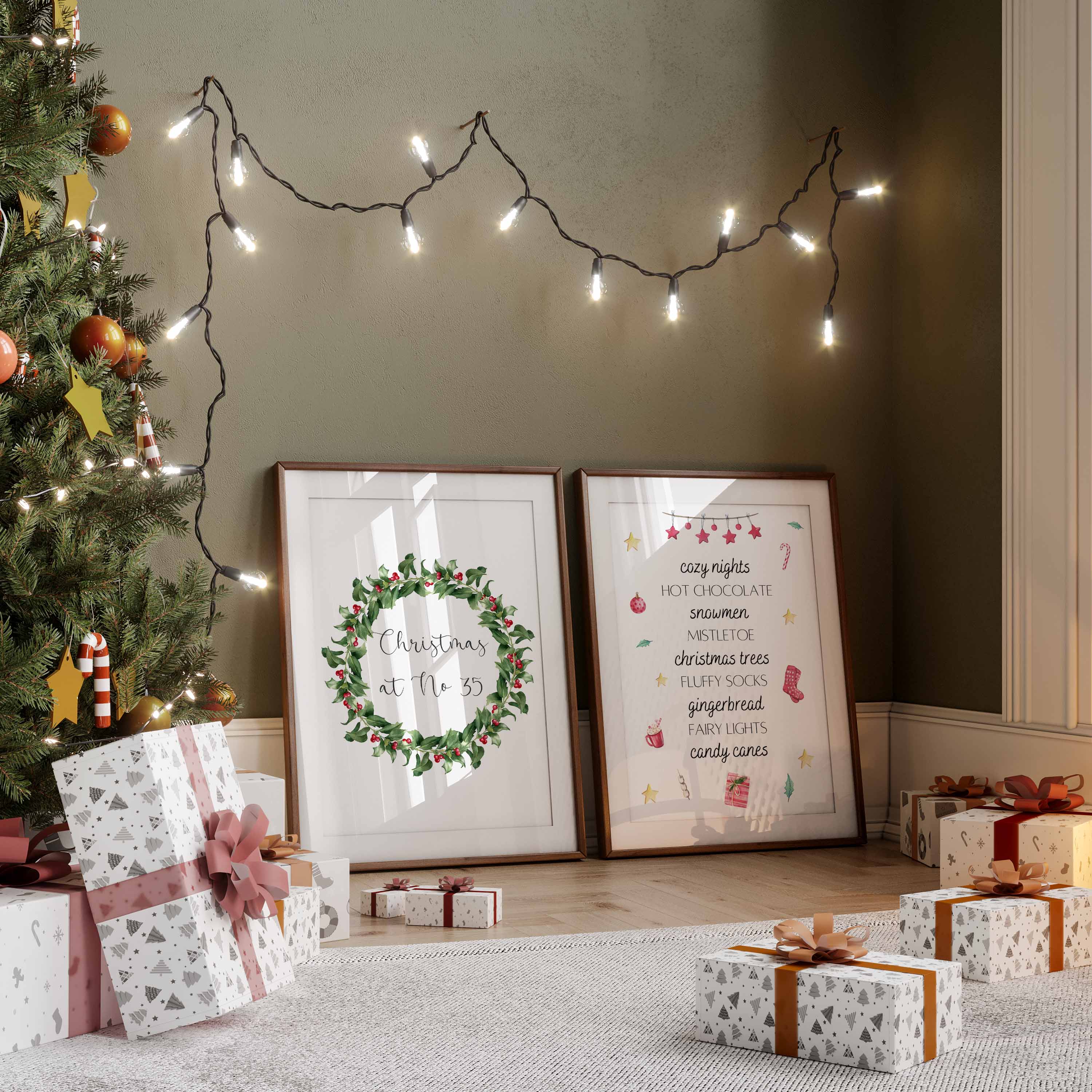 Beautiful festive wall art featuring a delicate wreath and your house number. A soft, personalised touch for Christmas home decor.