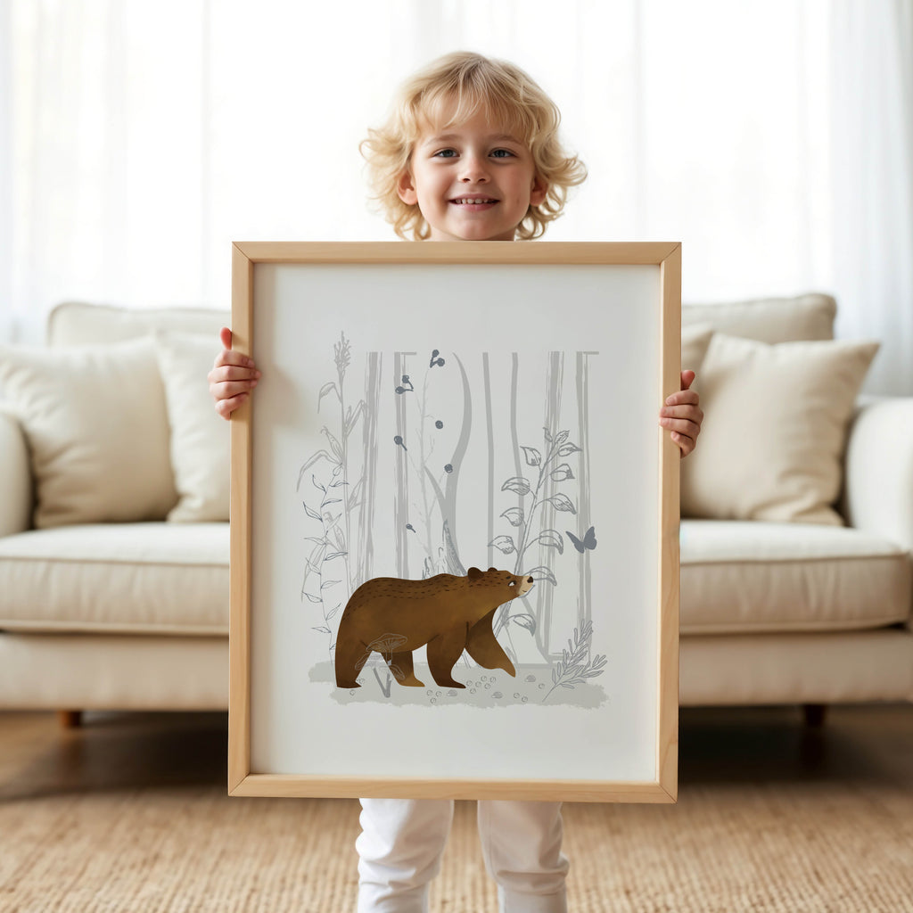 Gentle watercolour forest friends illustration bringing warmth and charm to a baby nursery or playroom wall.