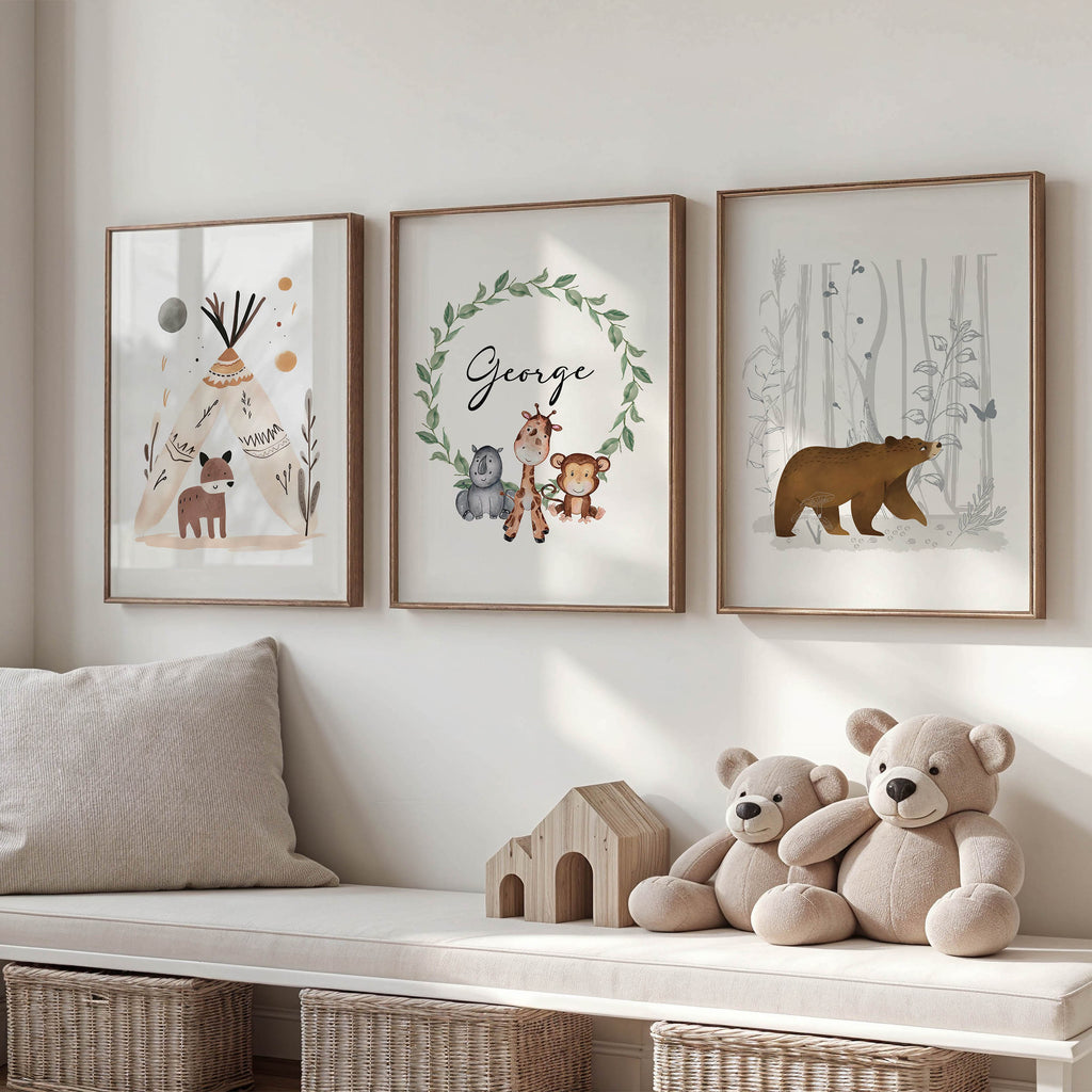 Delicate watercolour illustration of woodland animals, adding a gentle, nature-inspired touch to a nursery or playroom.
