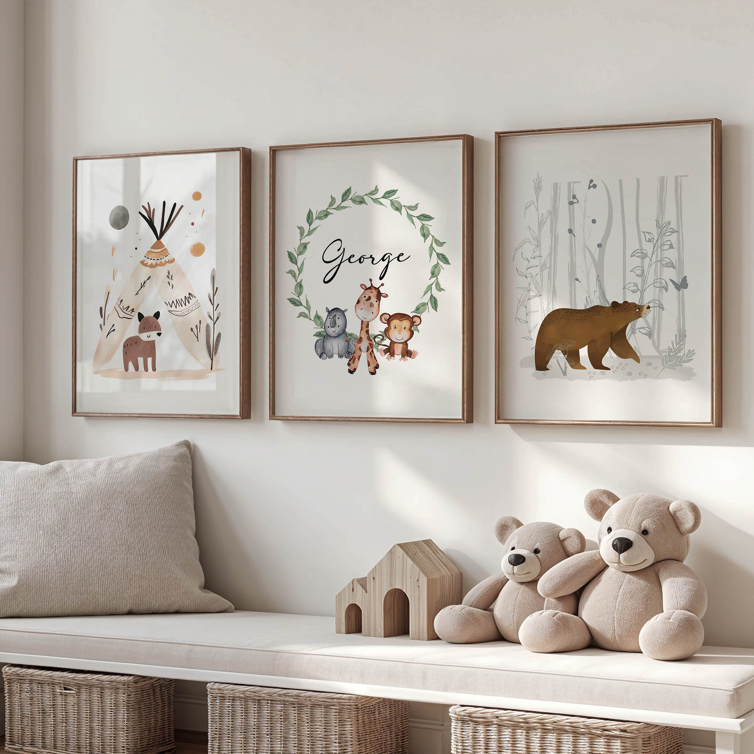 Delicate watercolour illustration of woodland animals, adding a gentle, nature-inspired touch to a nursery or playroom.