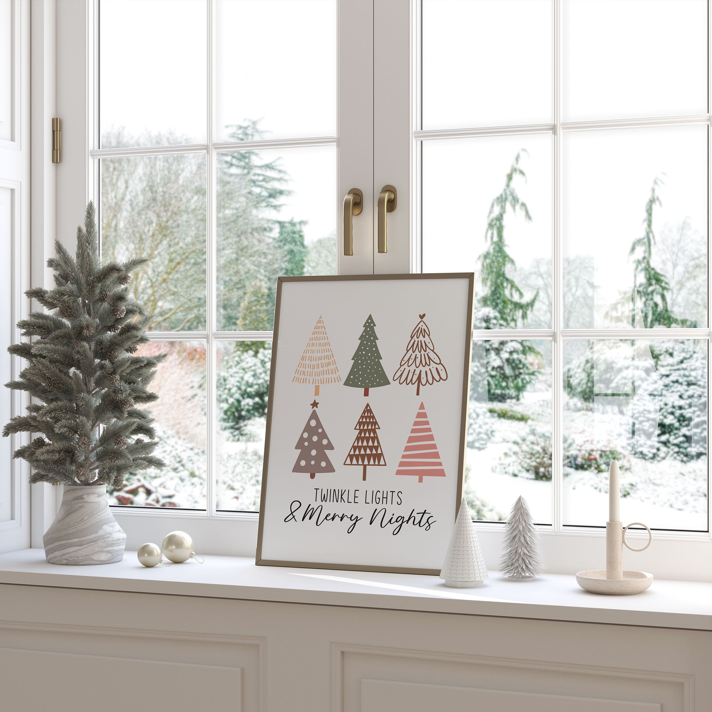 Elegant Christmas wall print with soft green trees and the words ‘Twinkle Lights and Merry Nights’. A joyful piece for the holidays.