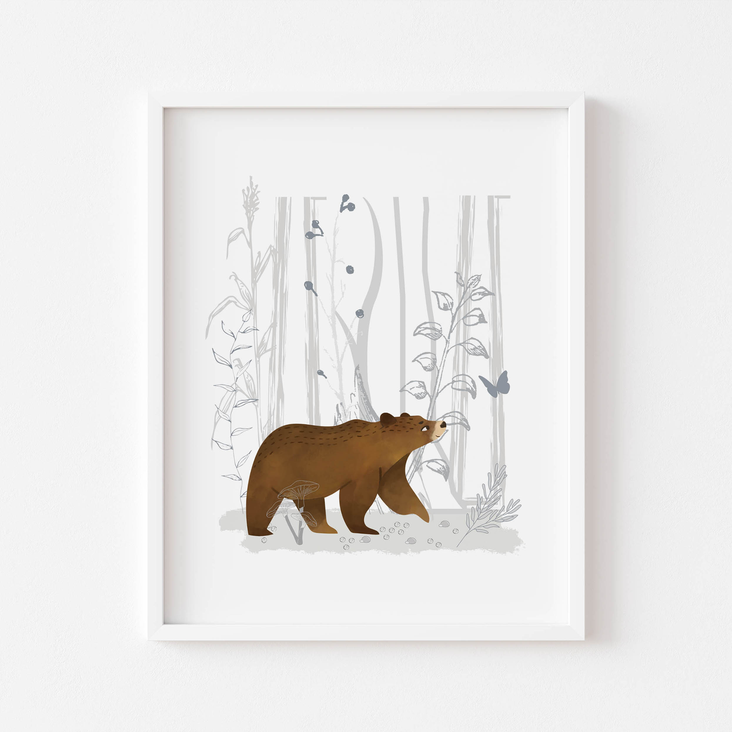 Whimsical woodland animals wall art in soft watercolours. A sweet, nature-inspired print for a child’s bedroom or nursery.