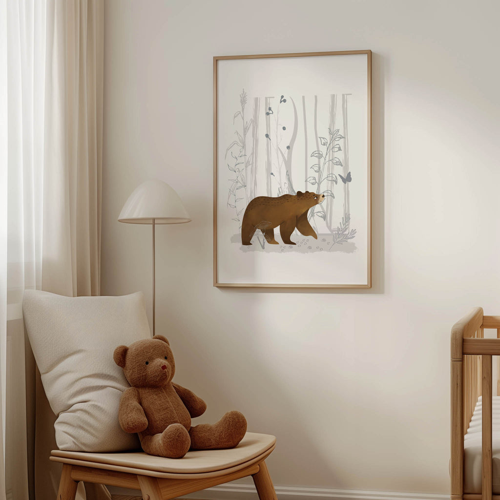 A soft watercolour woodland animals print perfect for nursery decor, featuring adorable forest creatures in calming tones.