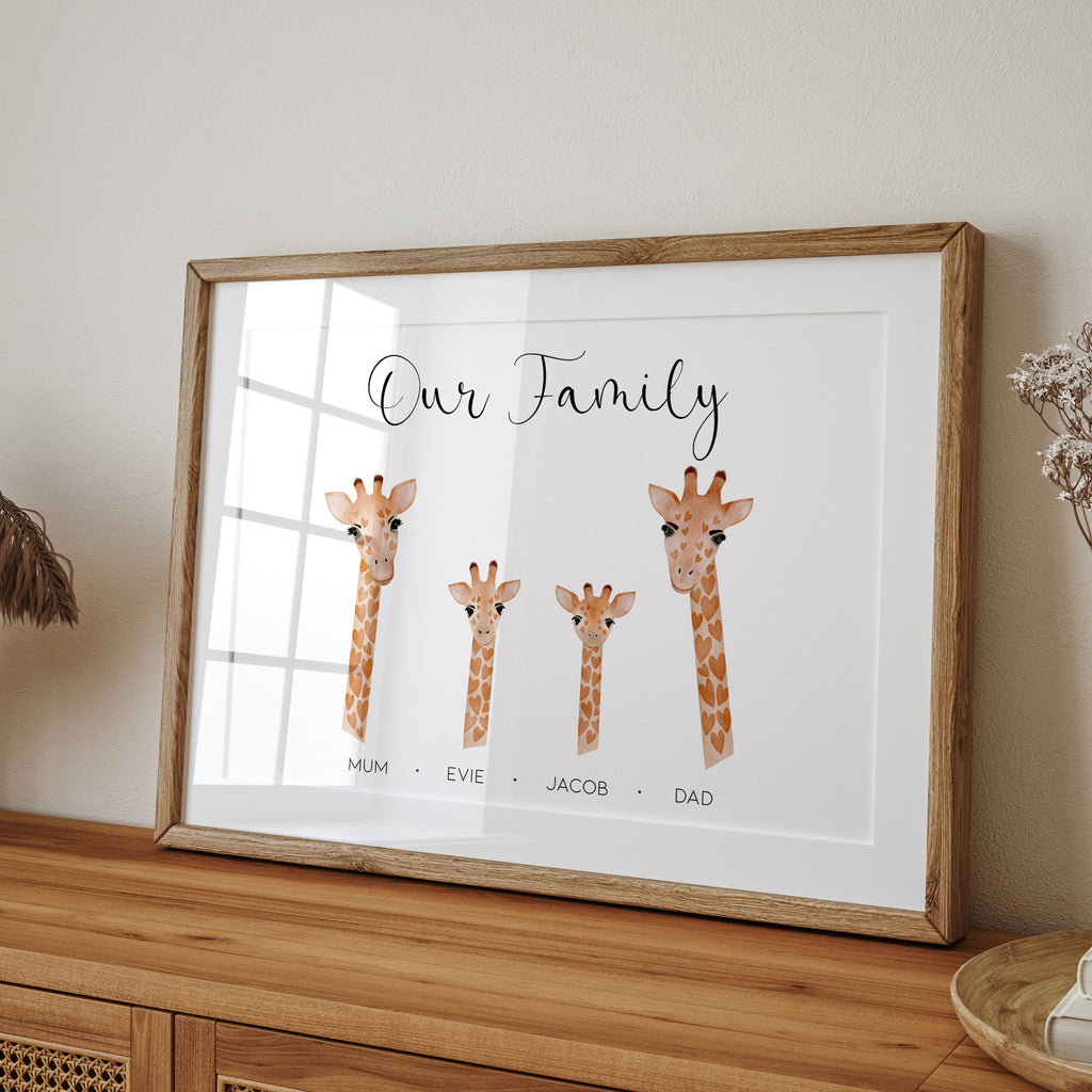 Personalised Family Giraffe Print shown in alternative colour or size options